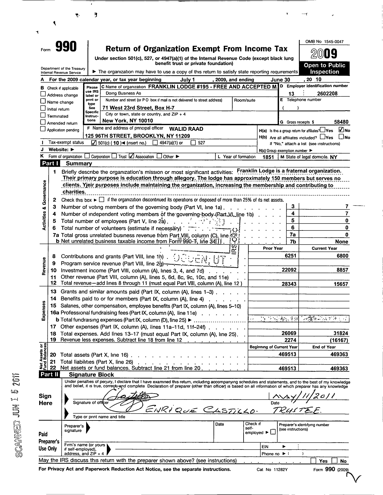 Image of first page of 2009 Form 990O for Free and Accepted Masons of New York - 195 Franklin Lodge