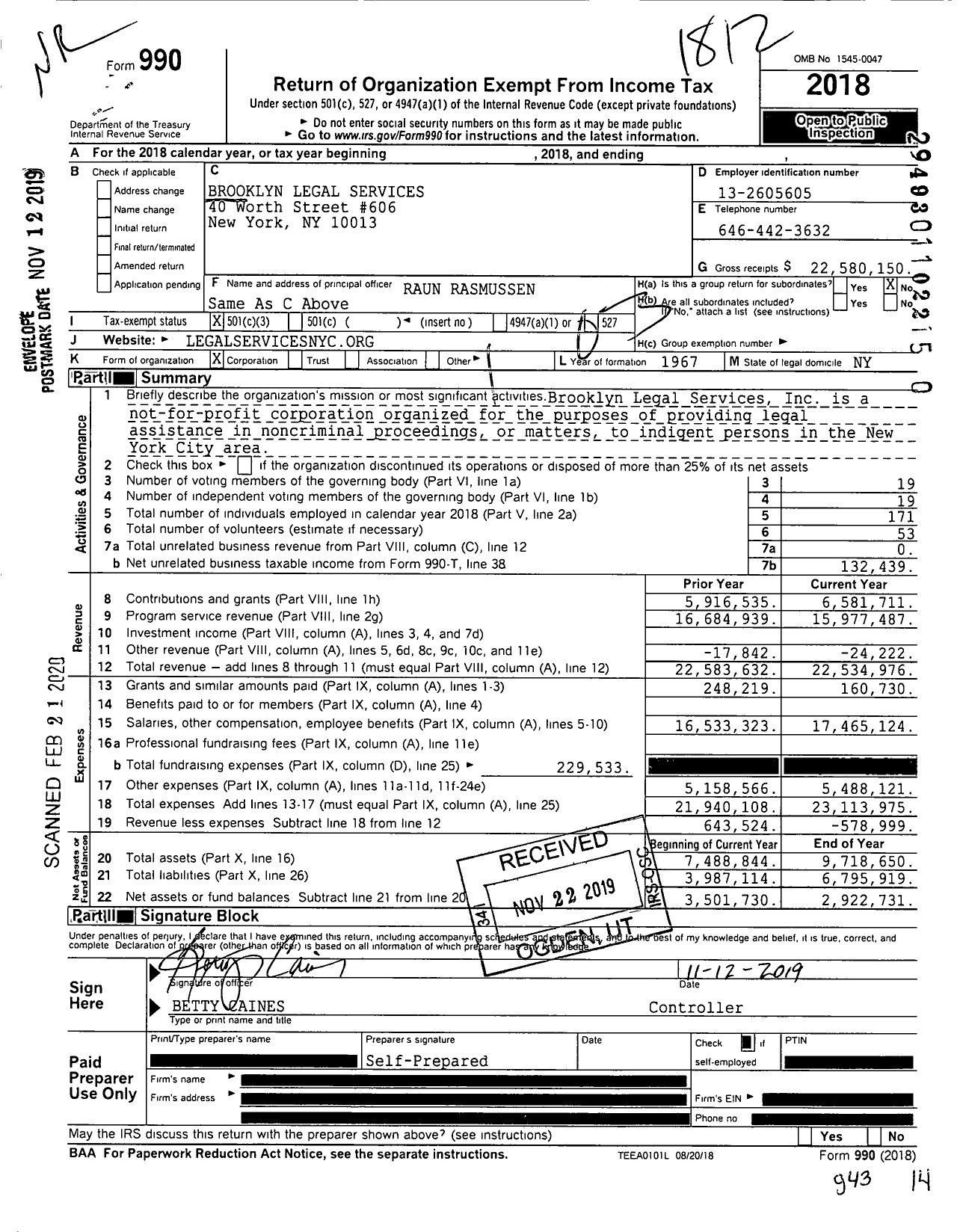 Image of first page of 2018 Form 990 for Brooklyn Legal Services (BLS)