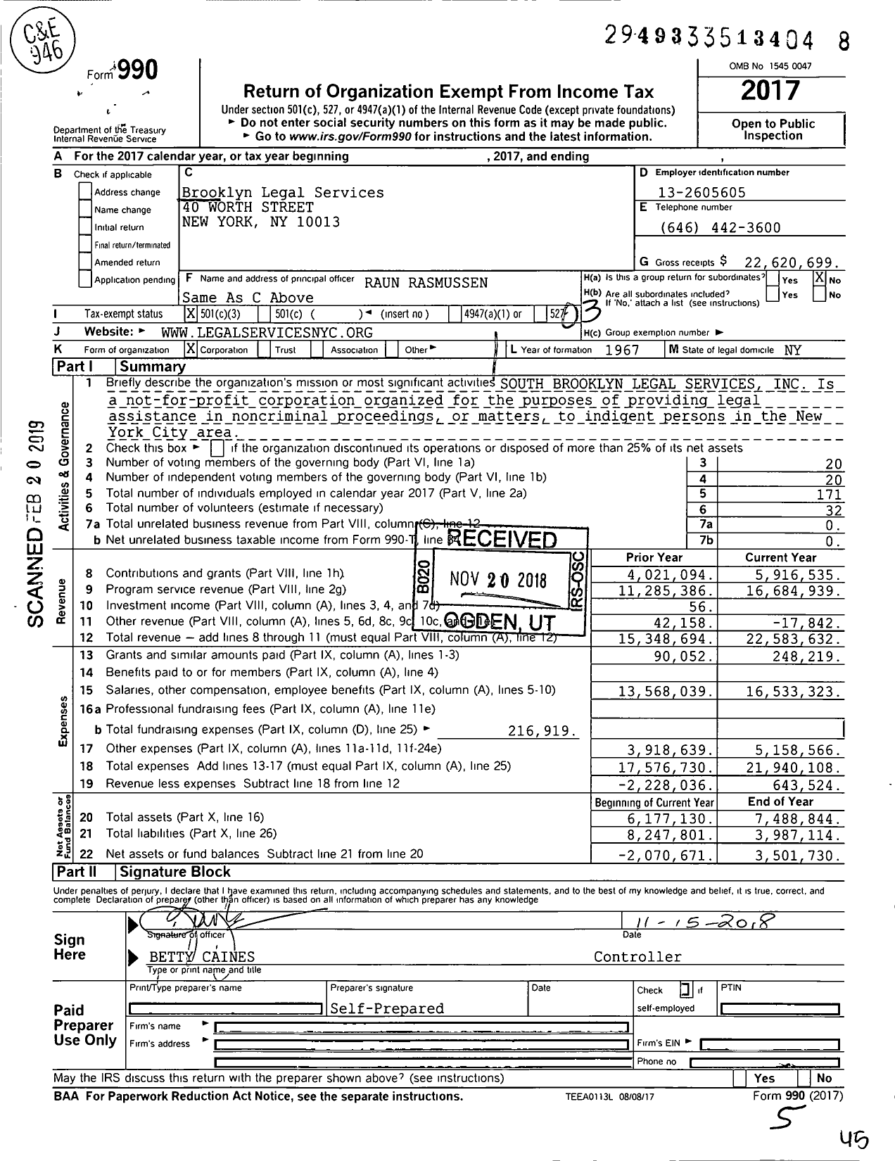 Image of first page of 2017 Form 990 for Brooklyn Legal Services (BLS)