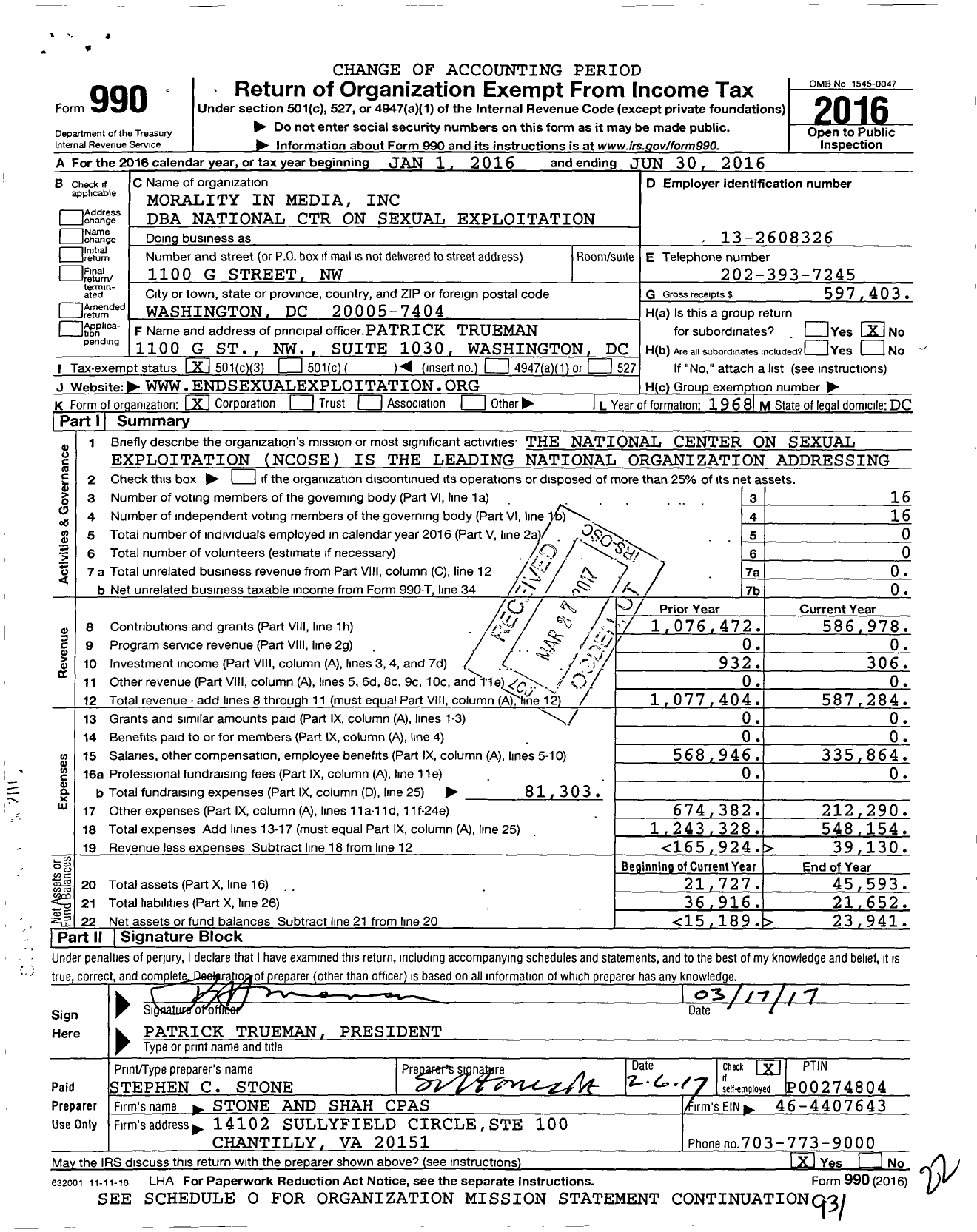 Image of first page of 2015 Form 990 for National Center on Sexual Exploitation