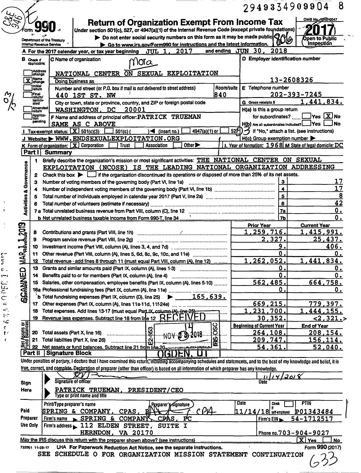 Image of first page of 2017 Form 990 for National Center on Sexual Exploitation