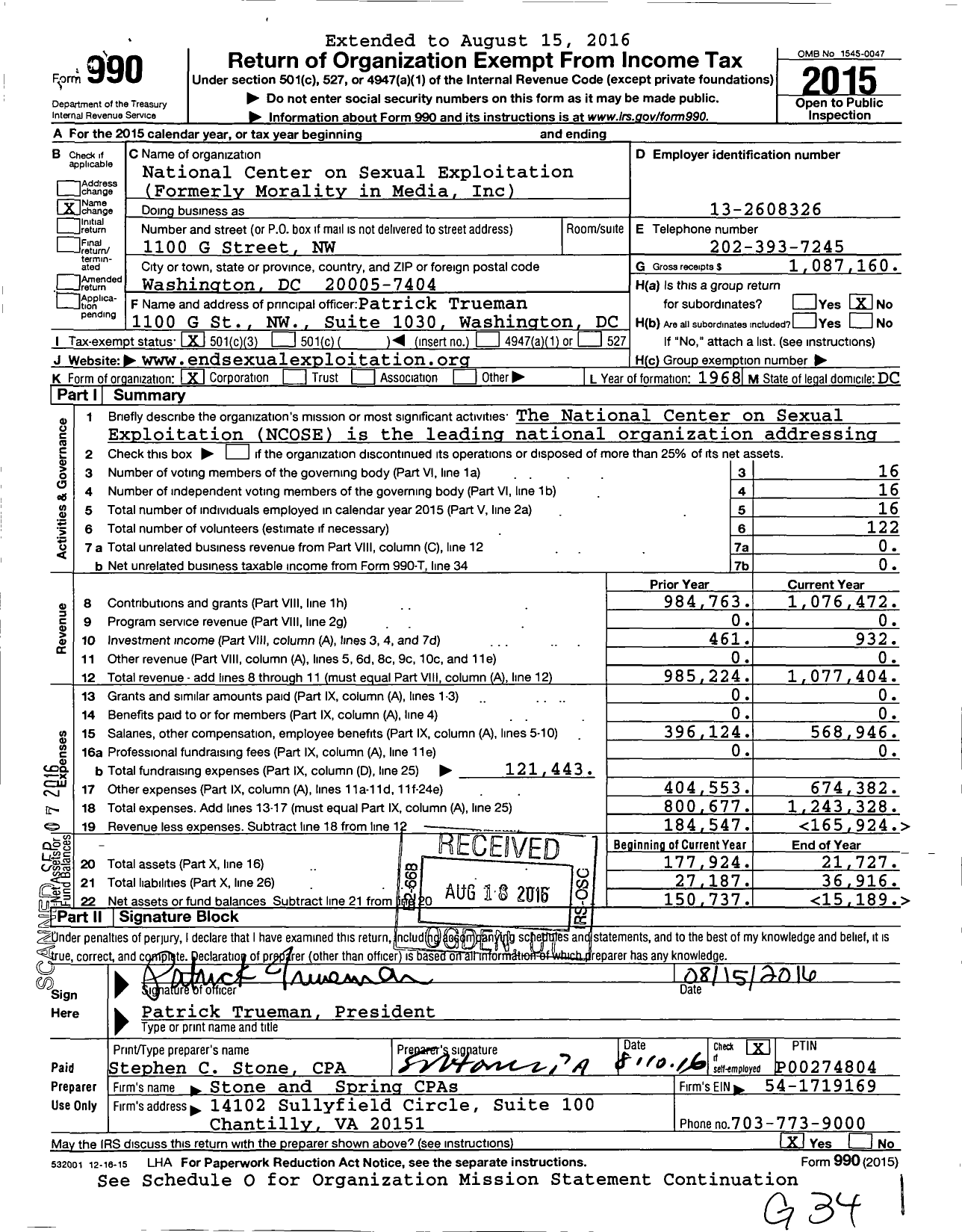 Image of first page of 2015 Form 990 for National Center on Sexual Exploitation