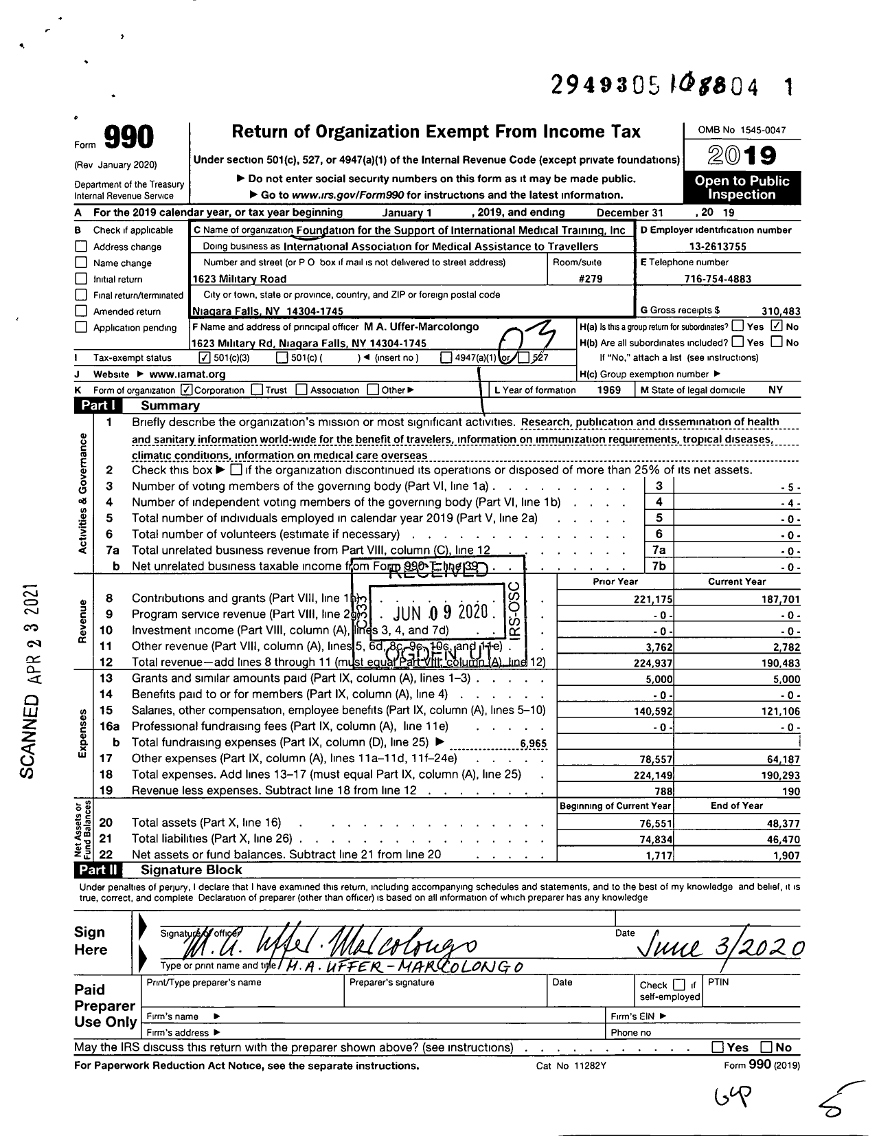 Image of first page of 2019 Form 990 for International Association for Medical Asstance To Travellers