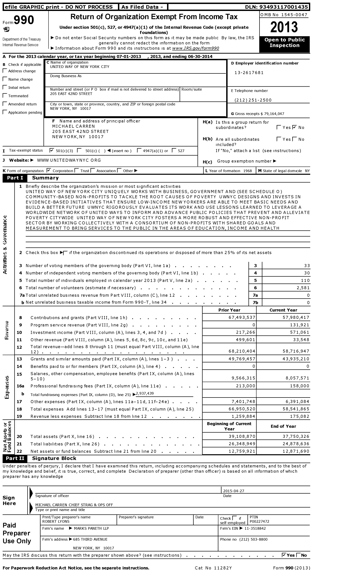 Image of first page of 2013 Form 990 for United Way of New York City