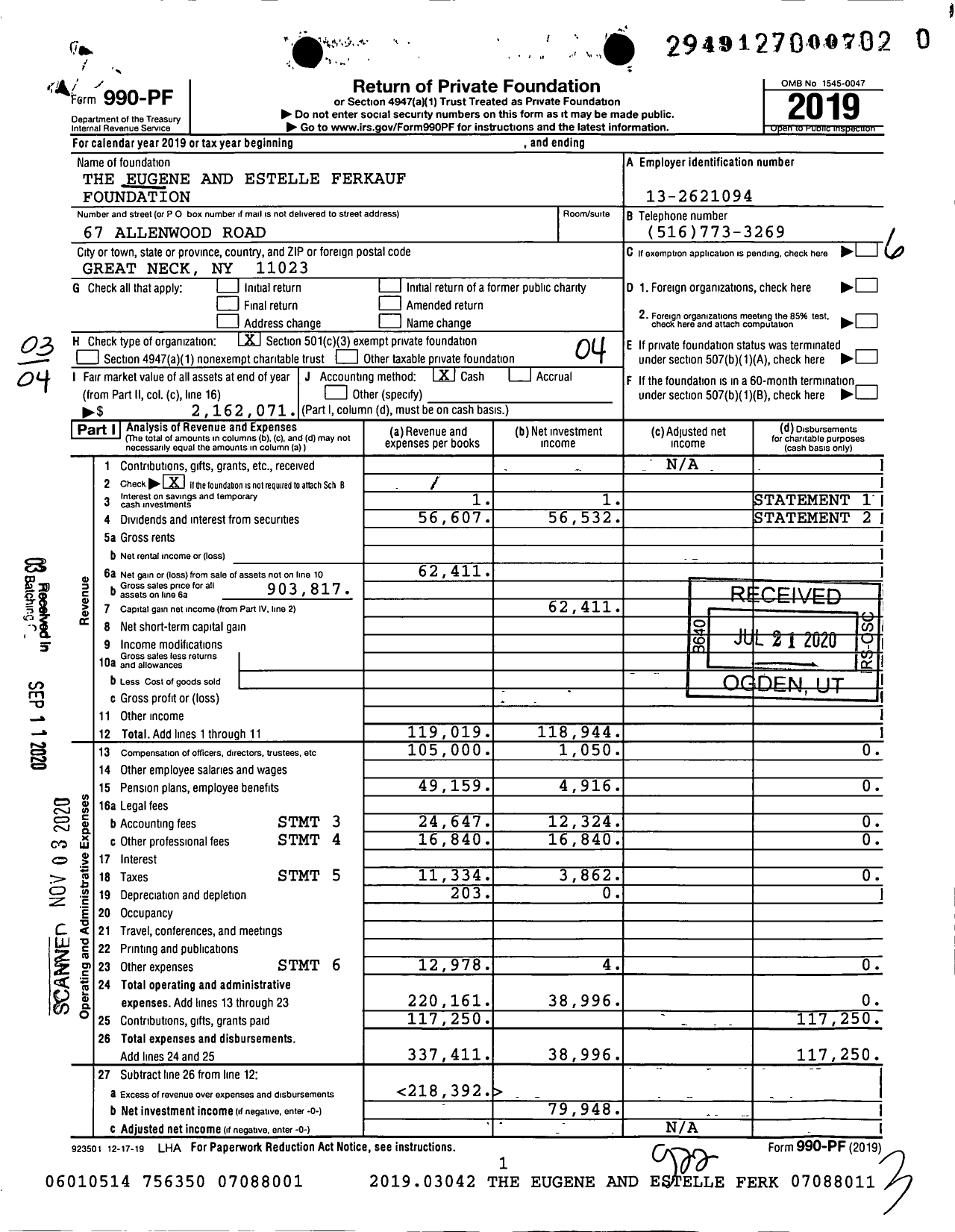 Image of first page of 2019 Form 990PF for The Eugene and Estelle Ferkauf Foundation