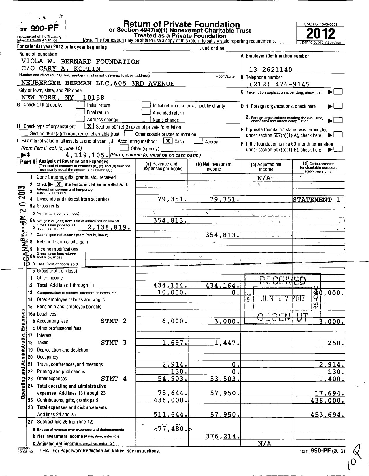 Image of first page of 2012 Form 990PF for Viola W Bernard Foundation