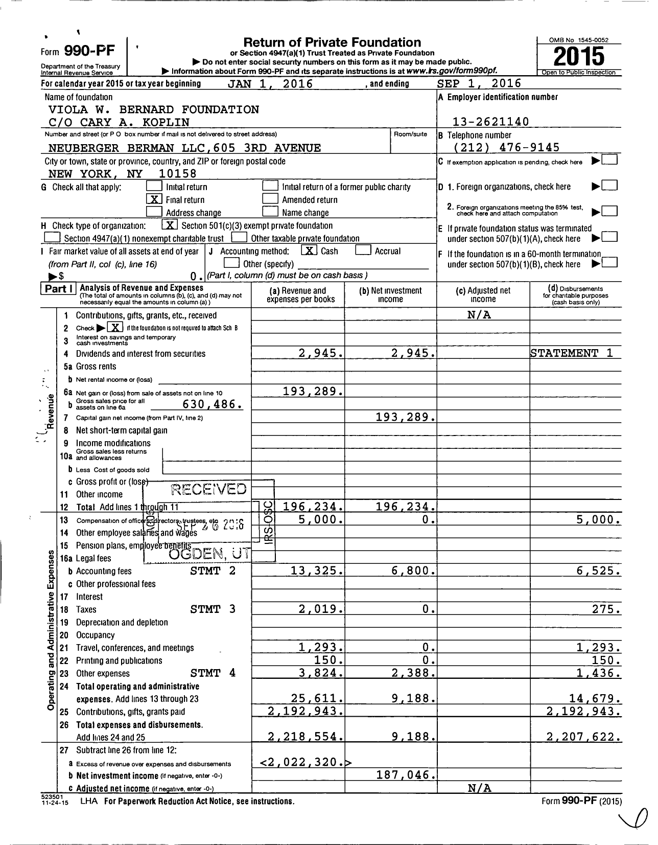 Image of first page of 2015 Form 990PF for Viola W Bernard Foundation