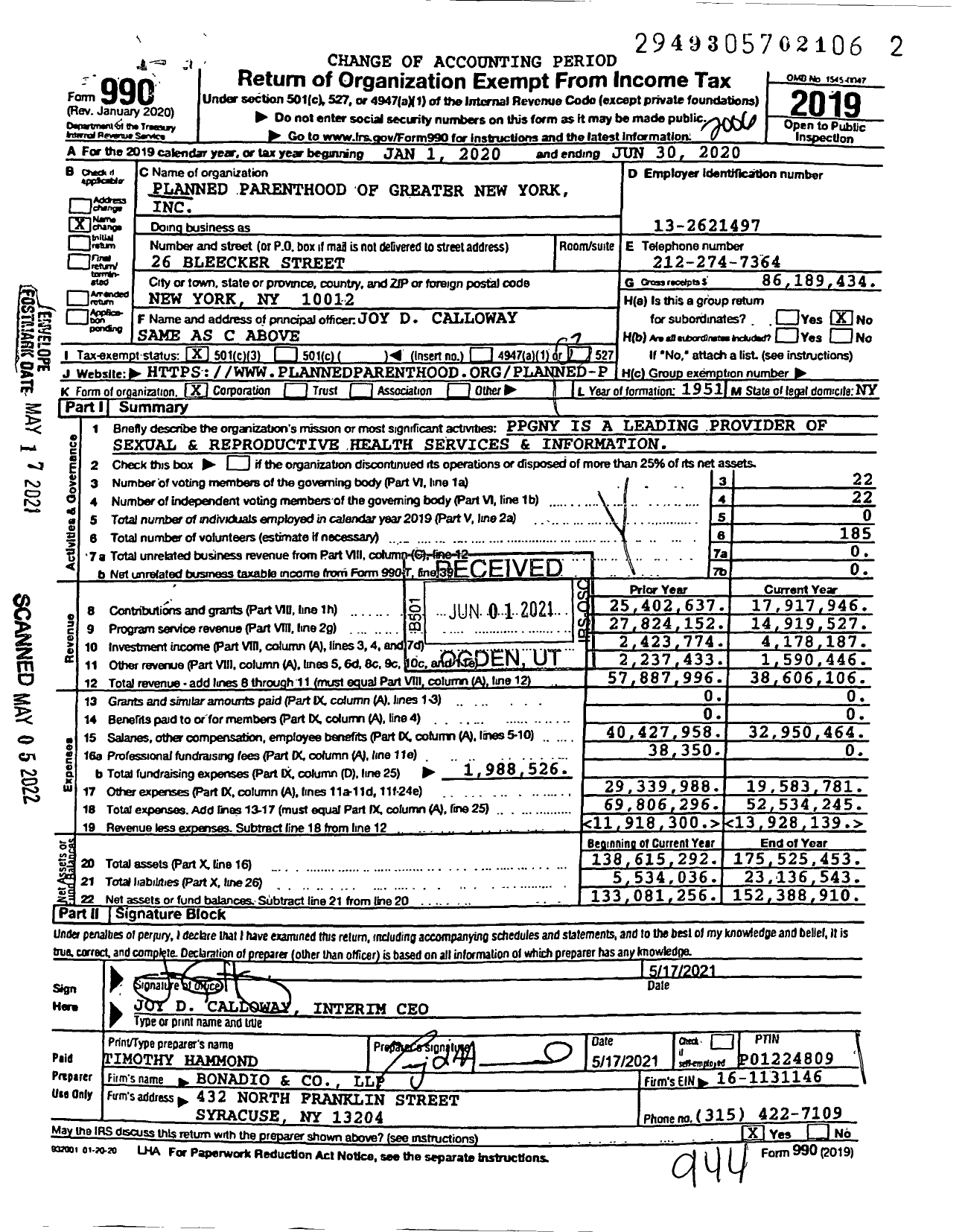 Image of first page of 2019 Form 990 for Planned Parenthood of Greater New York (PPNYC)
