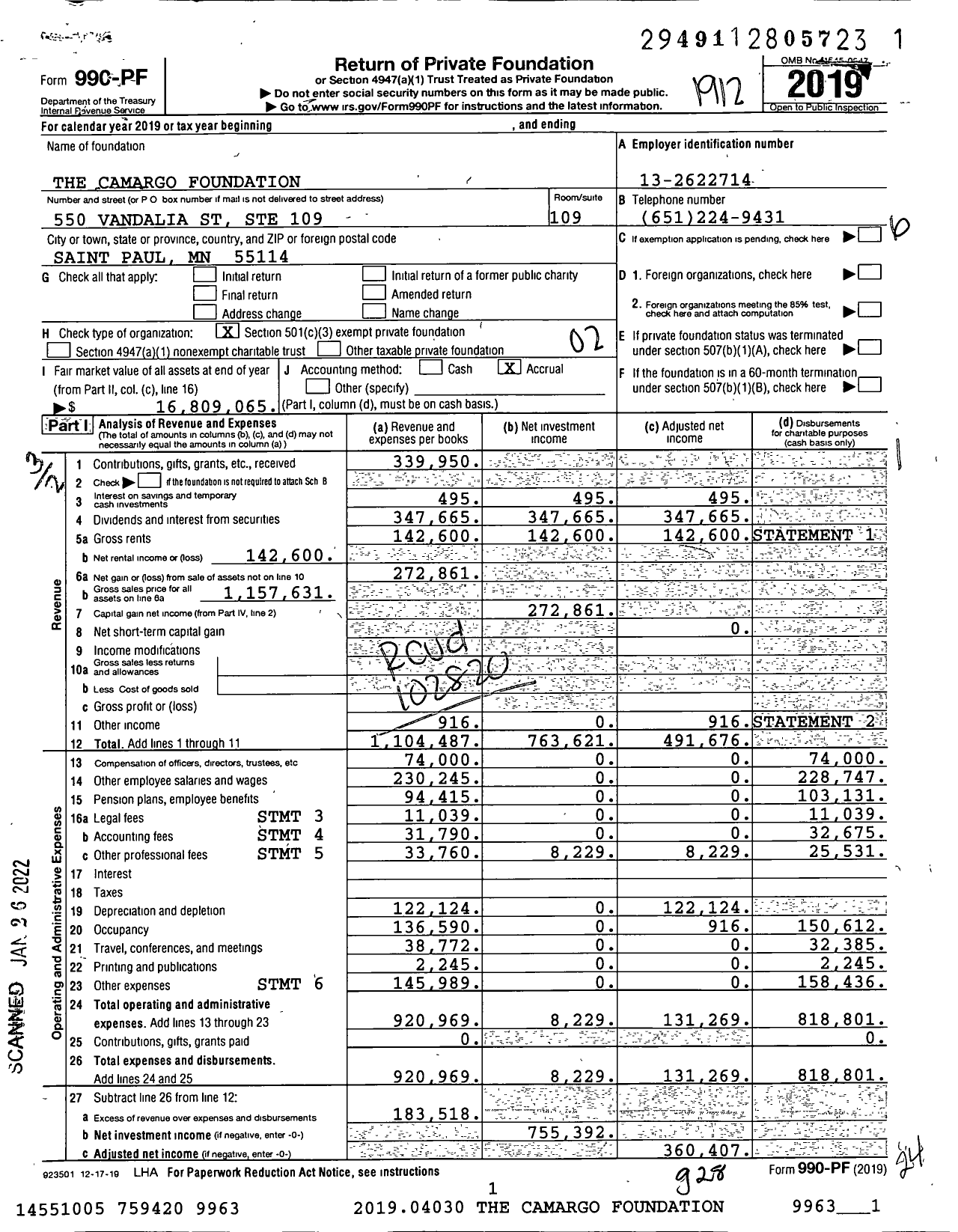 Image of first page of 2019 Form 990PF for The Camargo Foundation