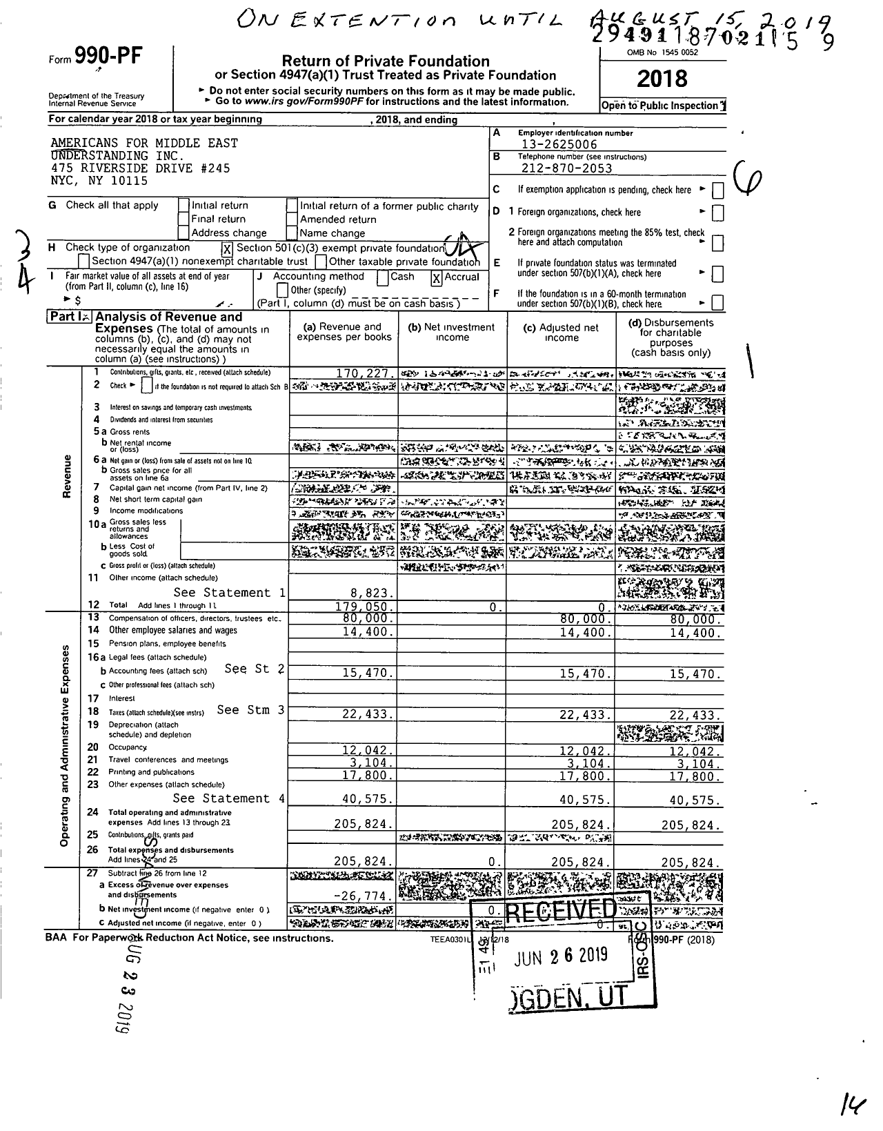 Image of first page of 2018 Form 990PF for Americans for Middle East Understanding