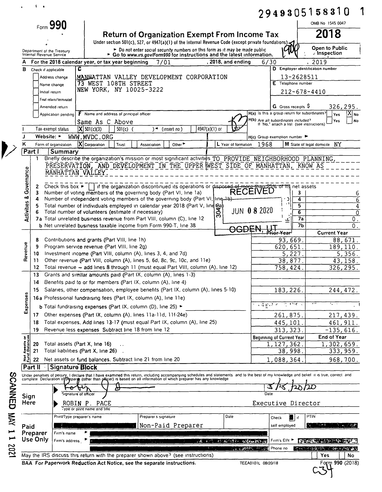 Image of first page of 2018 Form 990 for Manhattan Valley Development Corporation