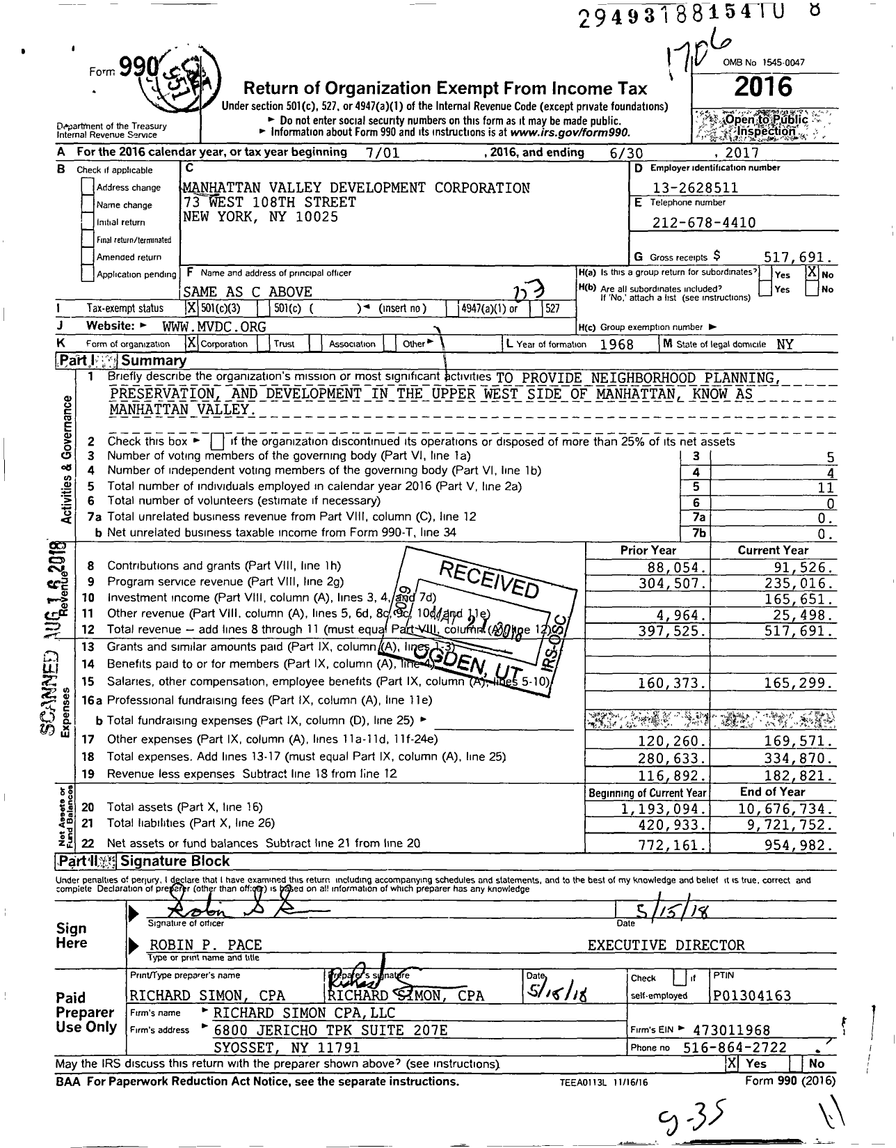 Image of first page of 2016 Form 990 for Manhattan Valley Development Corporation