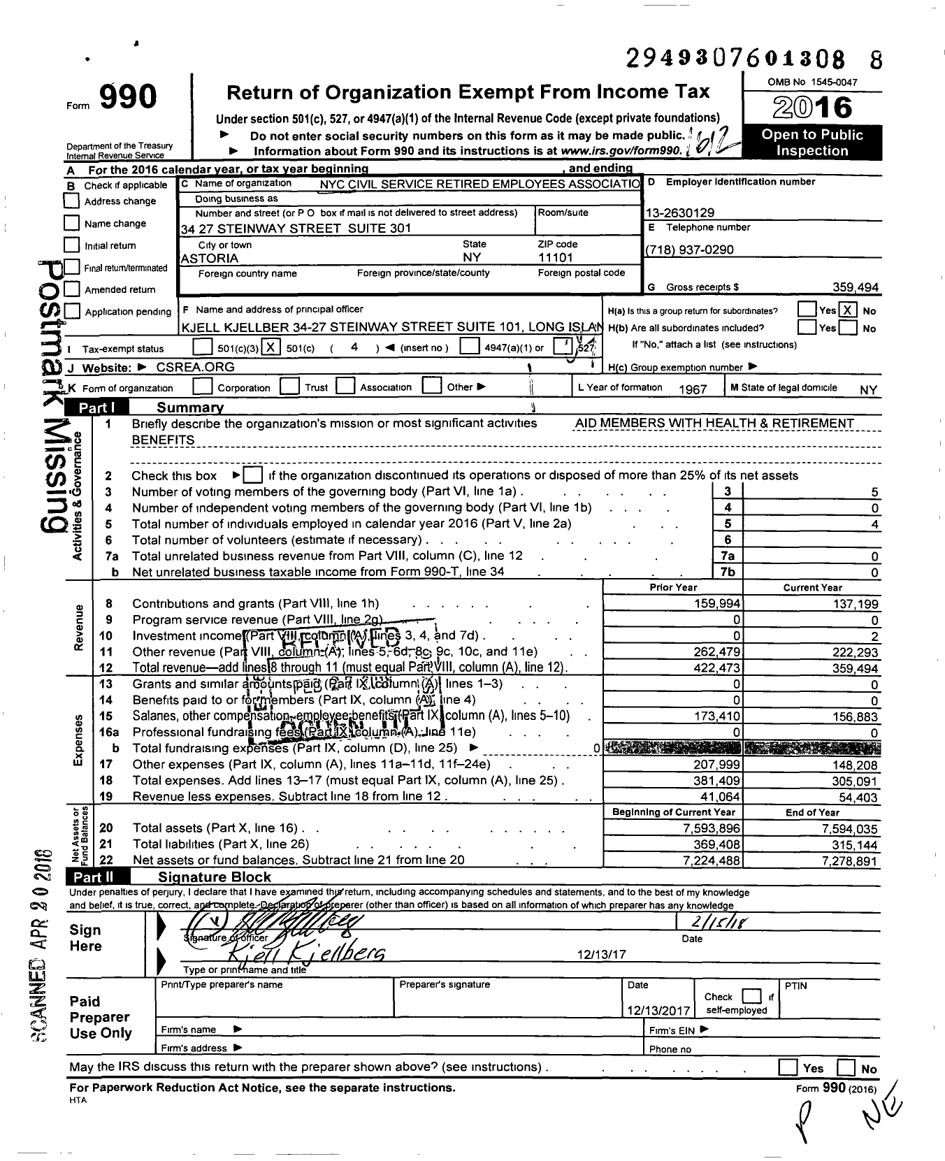 Image of first page of 2016 Form 990O for Nyc Civil Service Retired Employees Association
