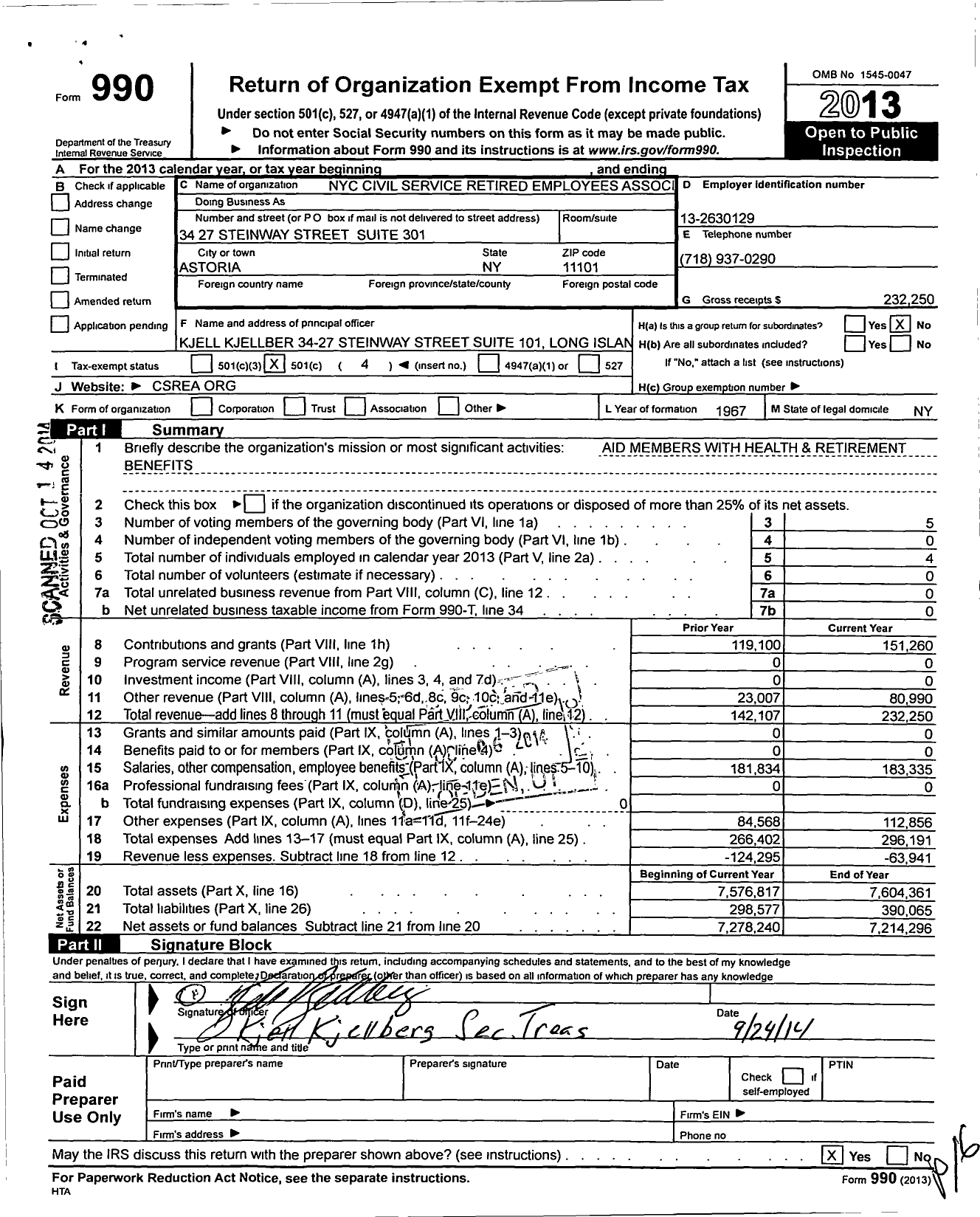 Image of first page of 2013 Form 990O for Nyc Civil Service Retired Employees Association