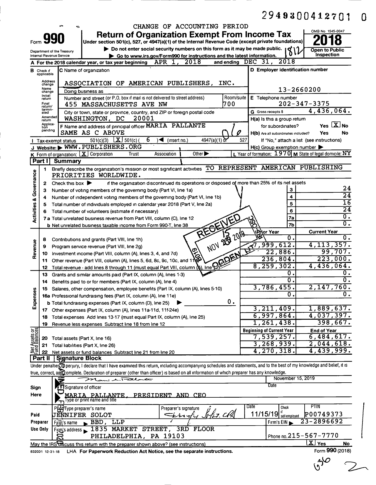 Image of first page of 2018 Form 990O for Association of American Publishers