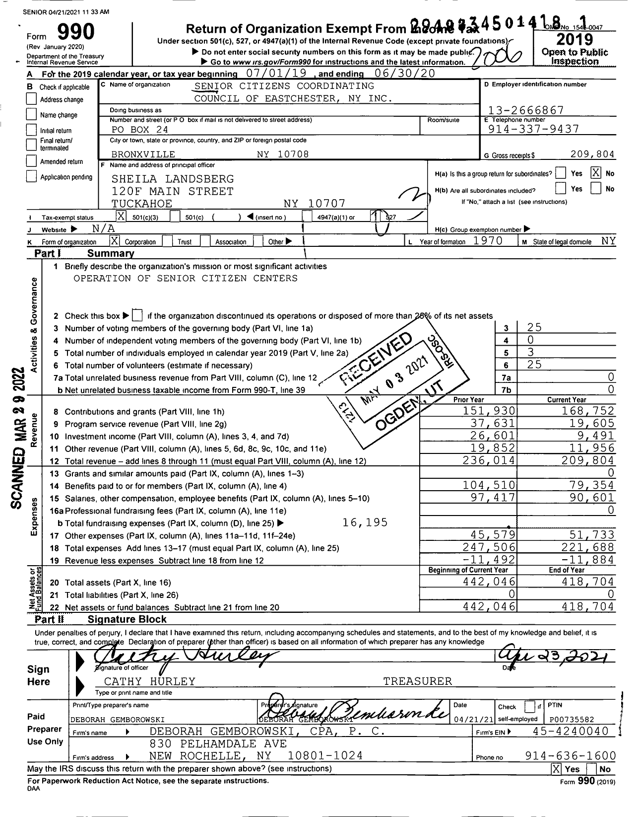 Image of first page of 2019 Form 990 for Senior Citizens Coordinating Council of Eastchester Ny