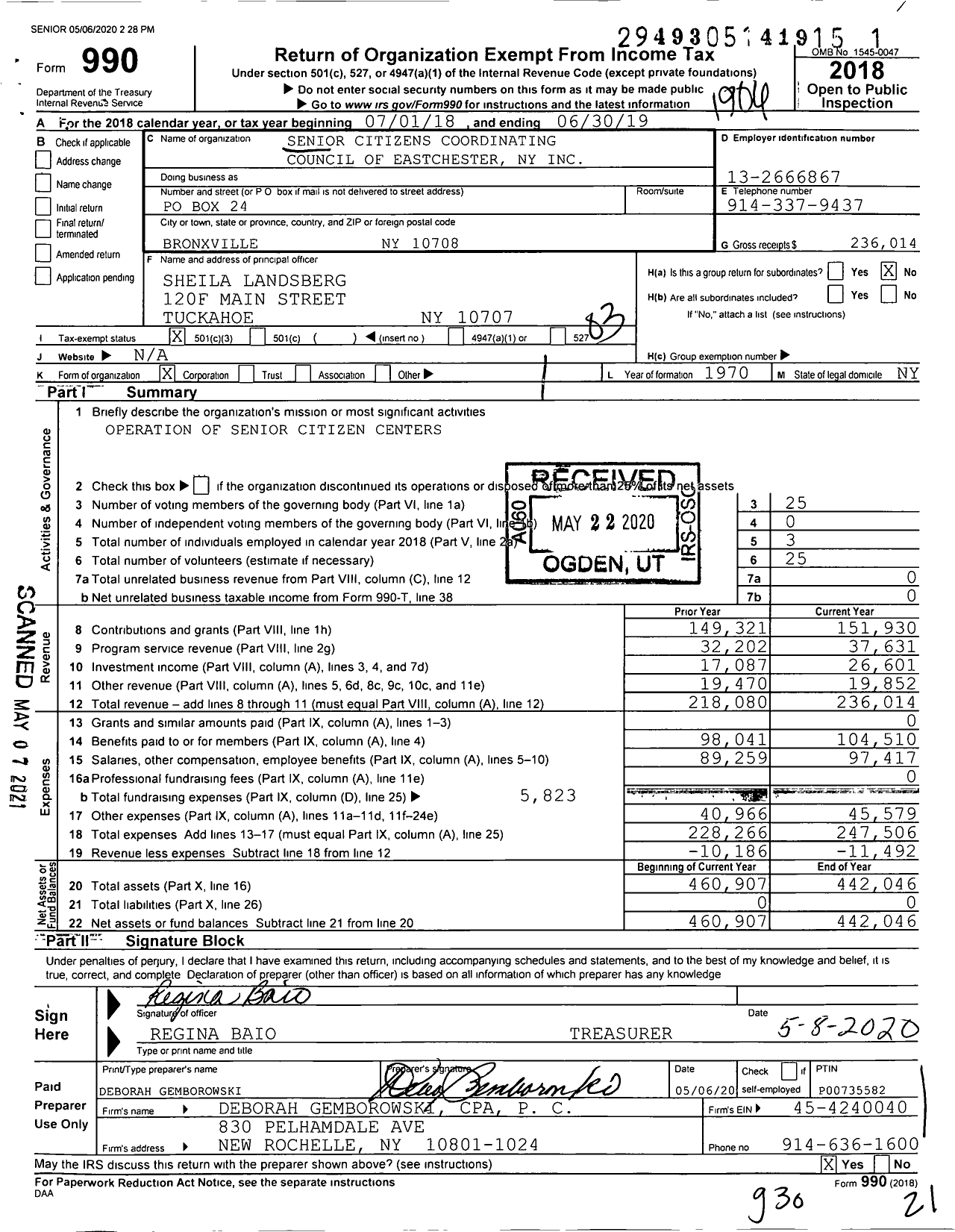 Image of first page of 2018 Form 990 for Senior Citizens Coordinating Council of Eastchester Ny