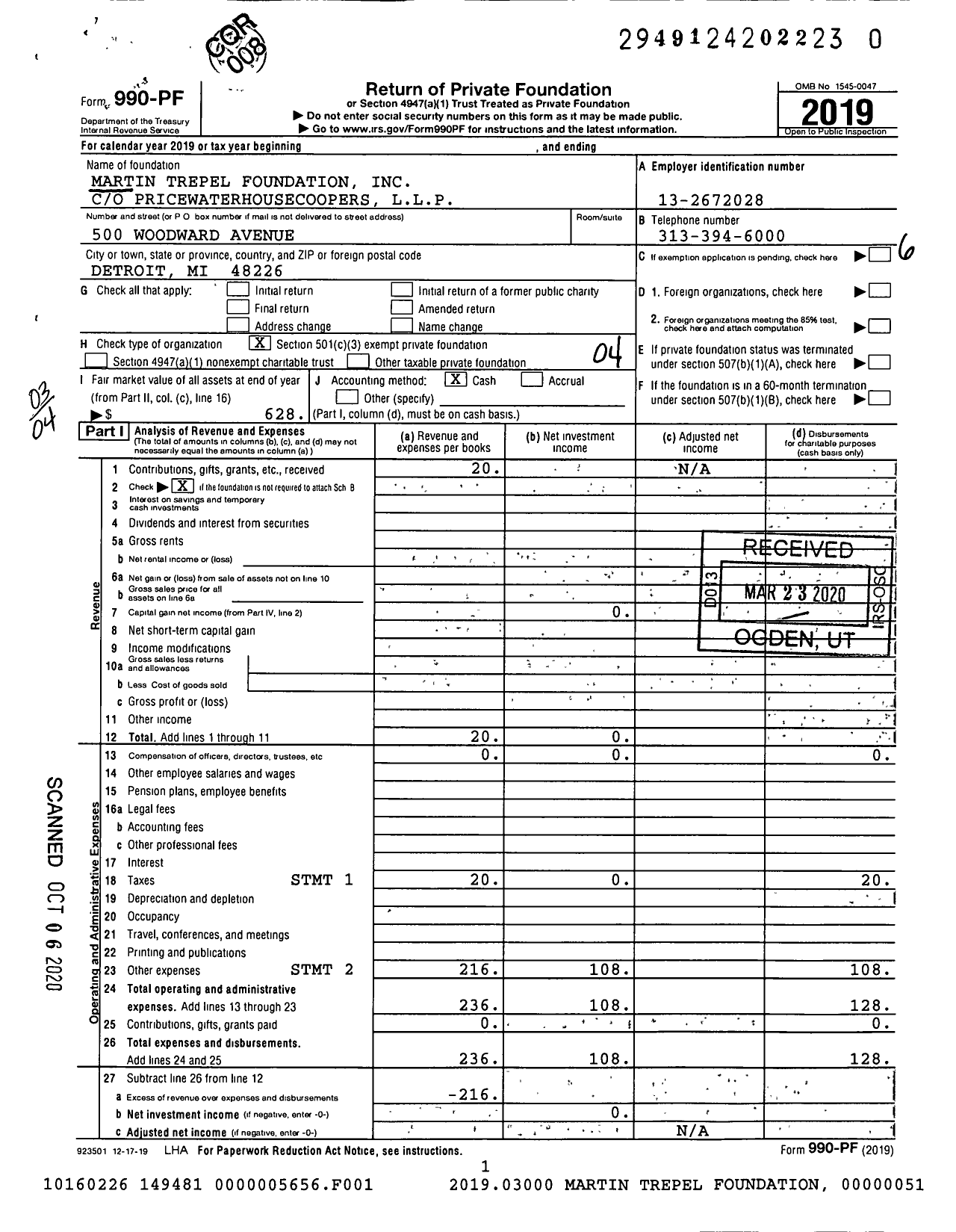 Image of first page of 2019 Form 990PR for Martin Trepel Foundation