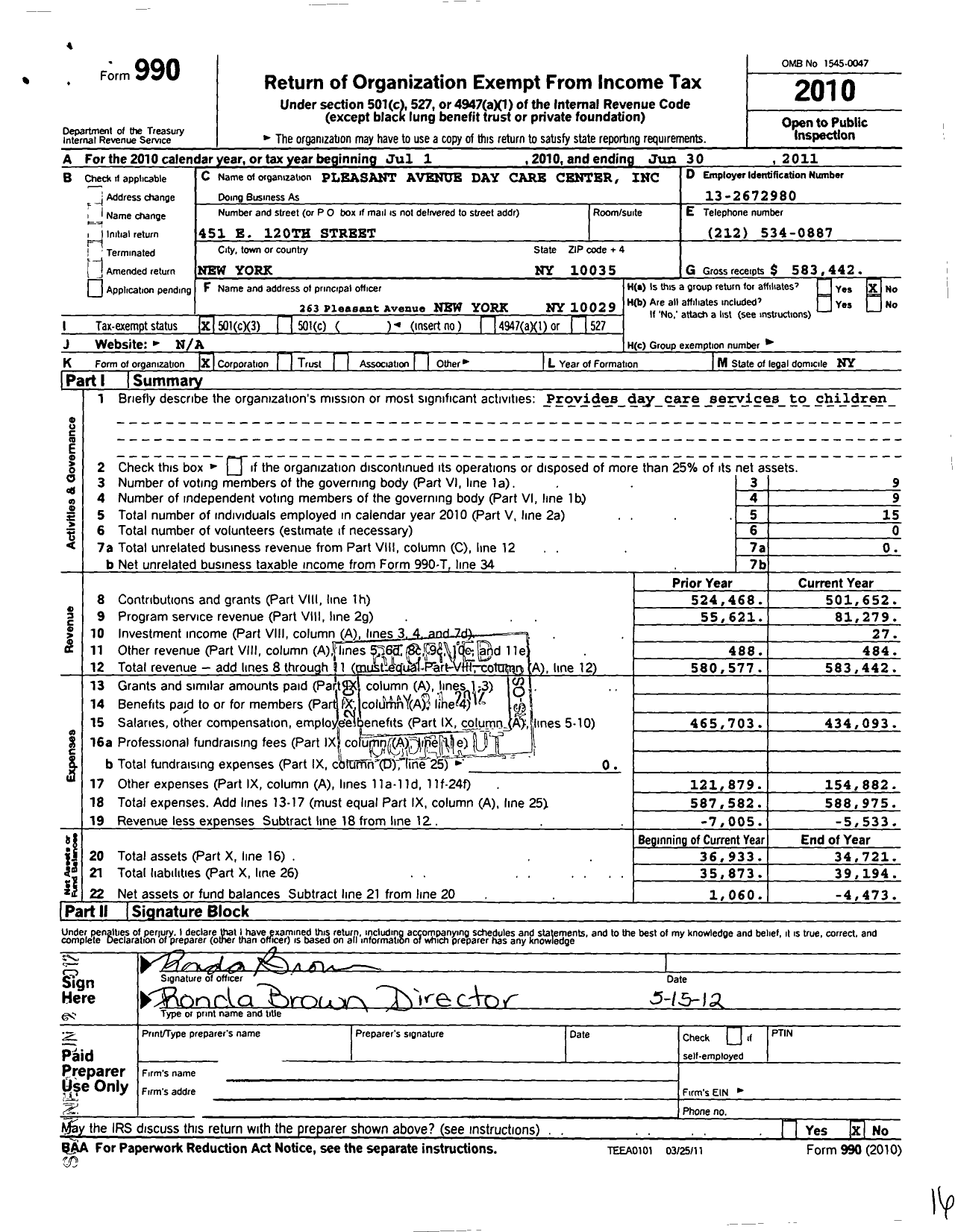 Image of first page of 2010 Form 990 for Pleasant Avenue Day Care Center