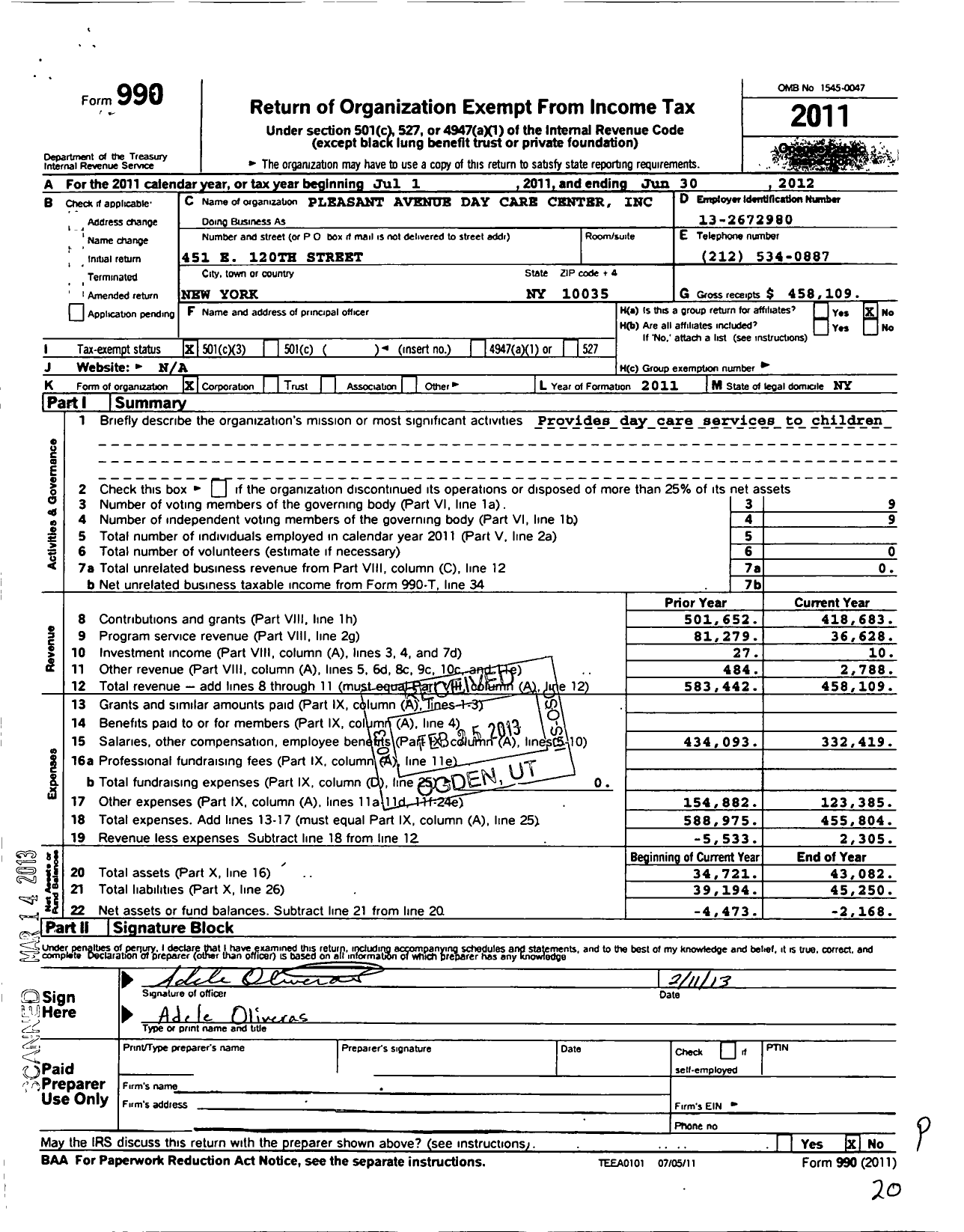 Image of first page of 2011 Form 990 for Pleasant Avenue Day Care Center