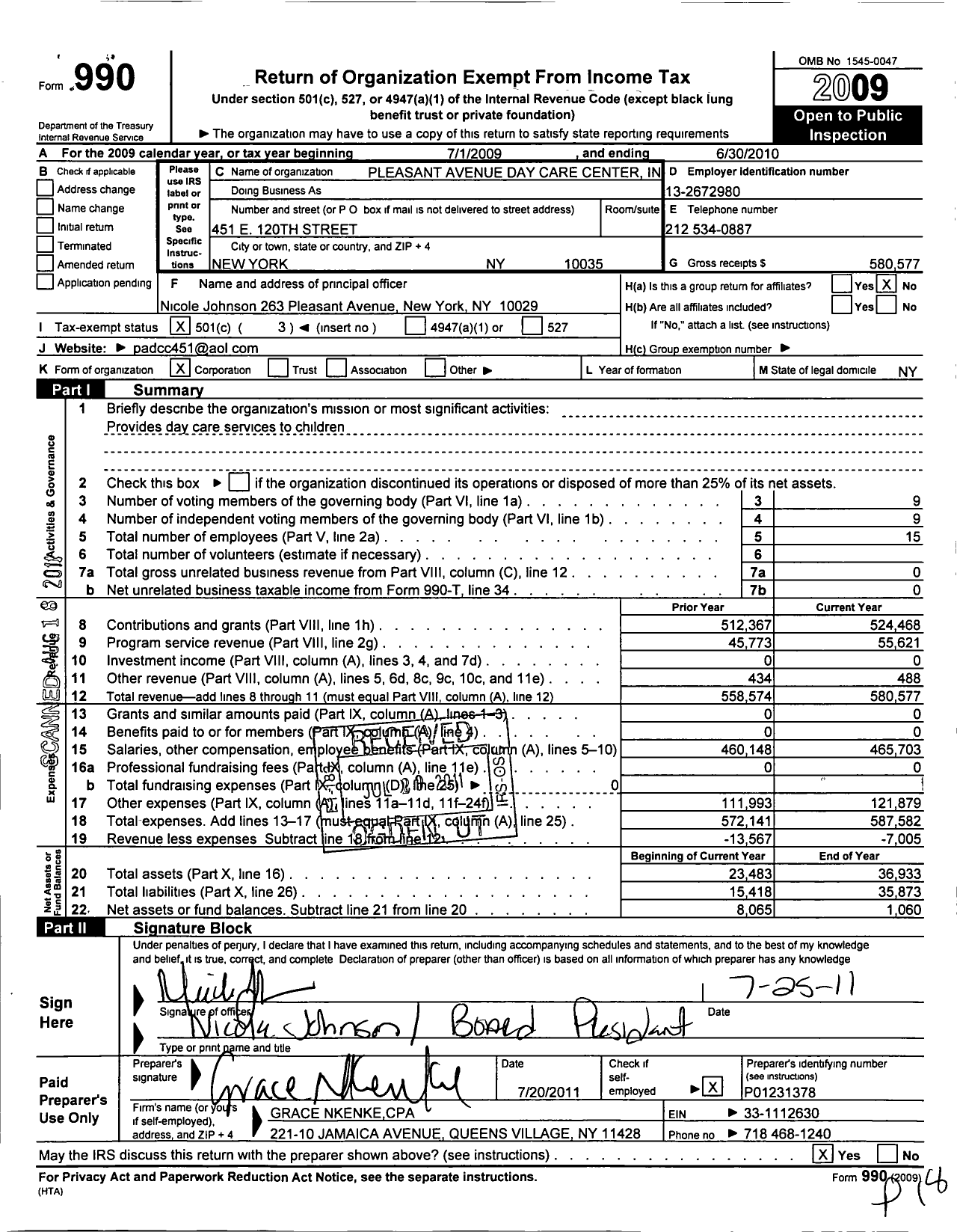 Image of first page of 2009 Form 990 for Pleasant Avenue Day Care Center