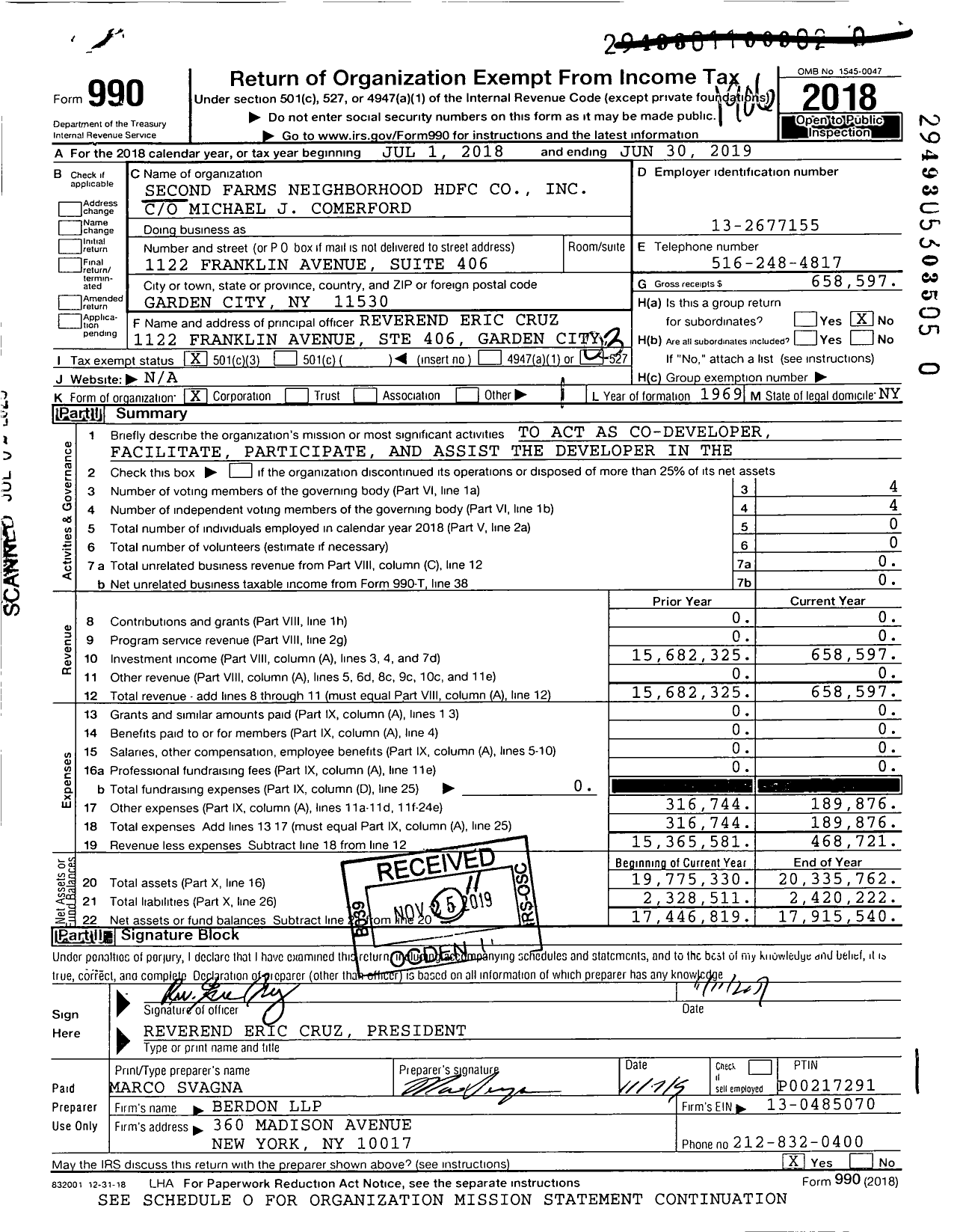 Image of first page of 2018 Form 990 for Second Farms Neighborhood HDFC