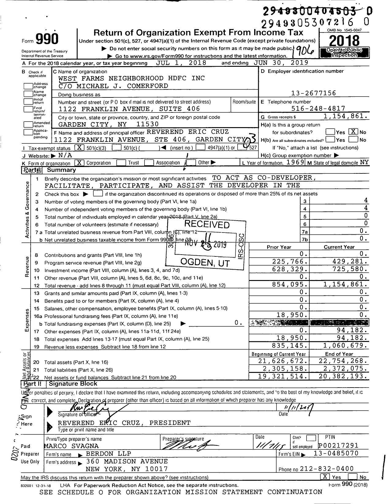 Image of first page of 2018 Form 990 for West Farms Neighborhood HDFC