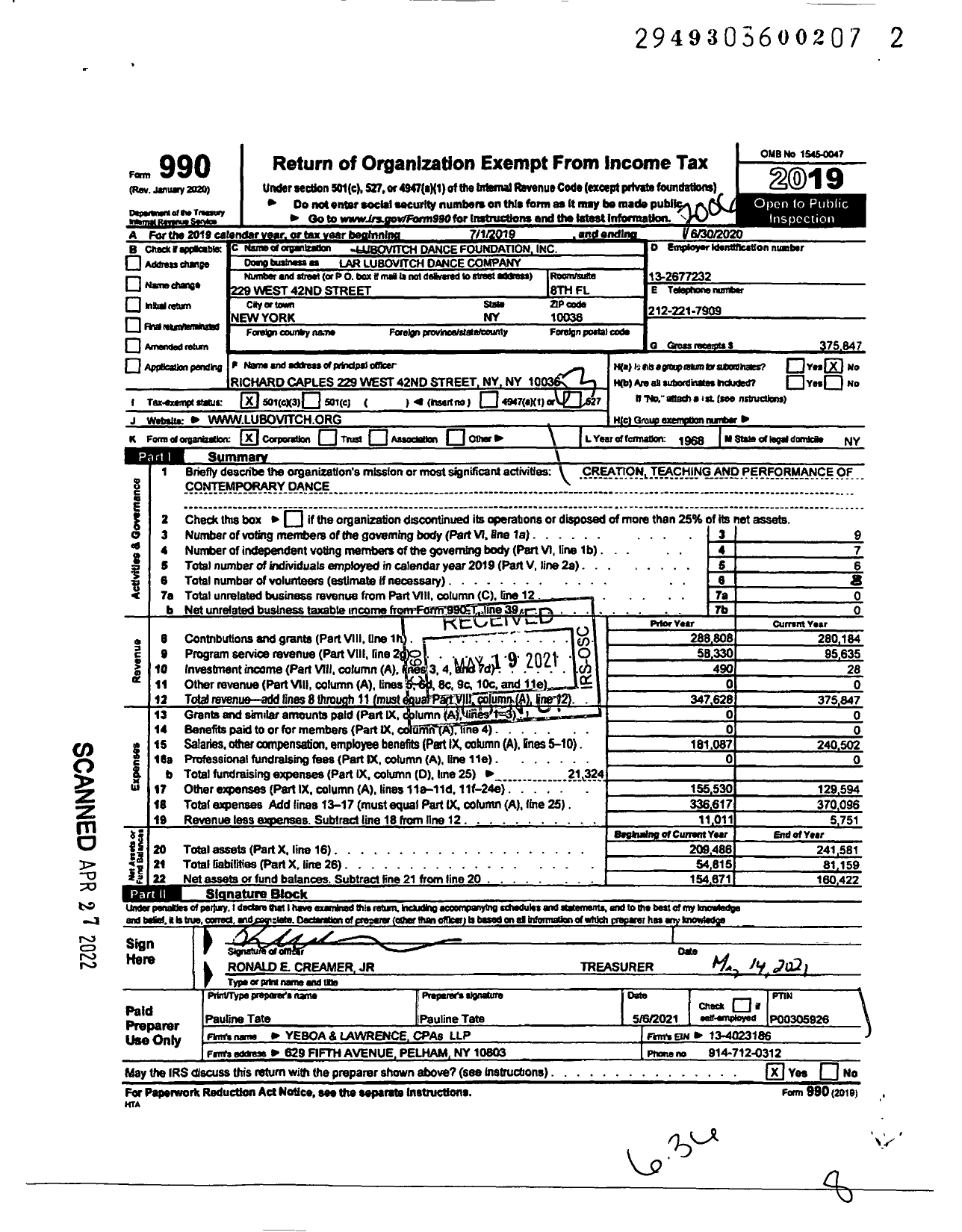 Image of first page of 2019 Form 990 for Lar Lubovitch Dance Company