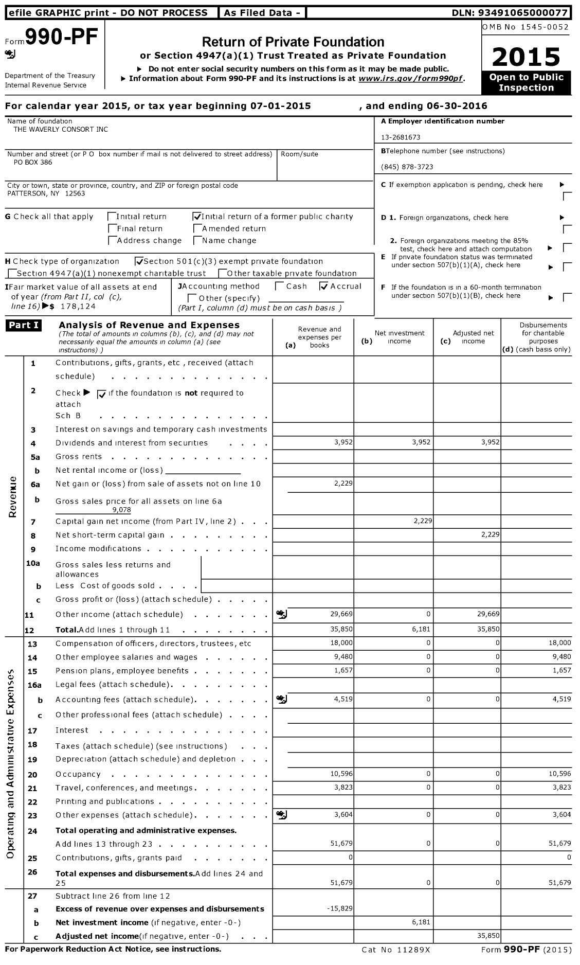 Image of first page of 2015 Form 990PF for The Waverly Consort