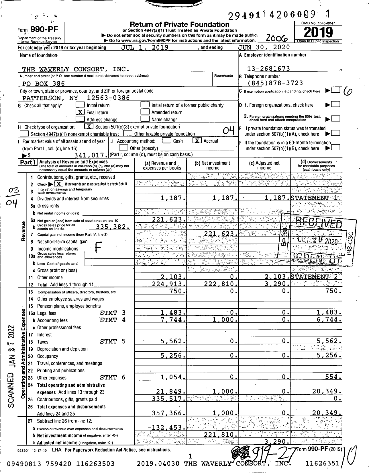 Image of first page of 2019 Form 990PF for The Waverly Consort