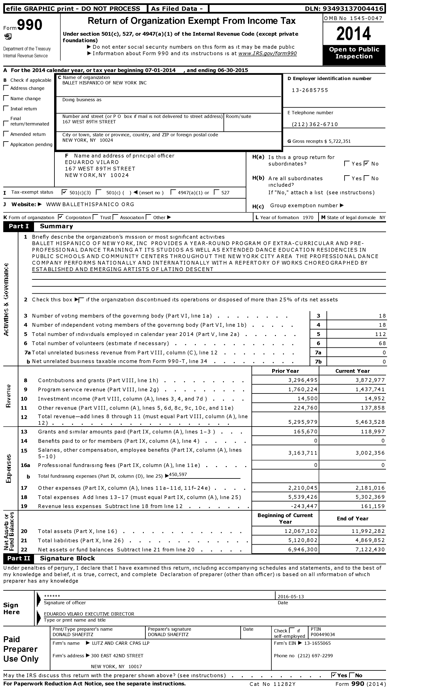 Image of first page of 2014 Form 990 for Ballet Hispanico