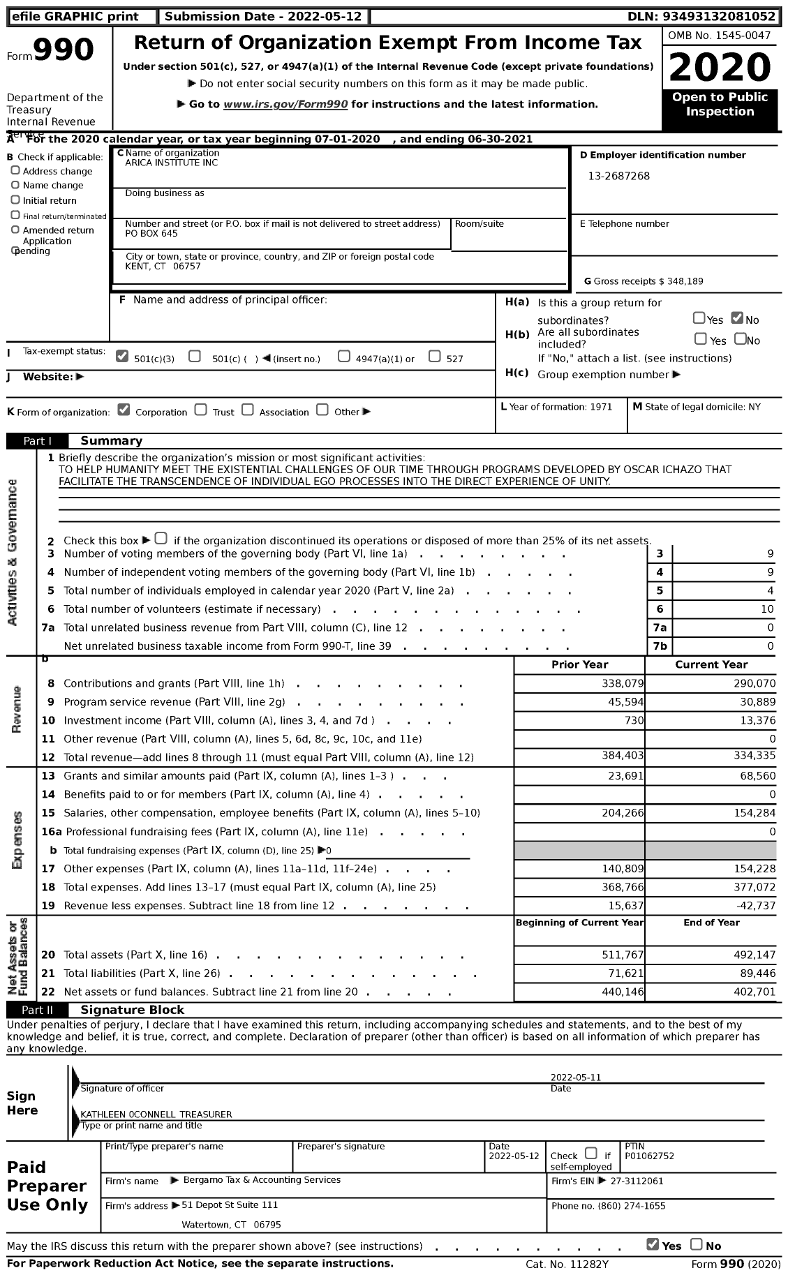 Image of first page of 2020 Form 990 for Arica Institute