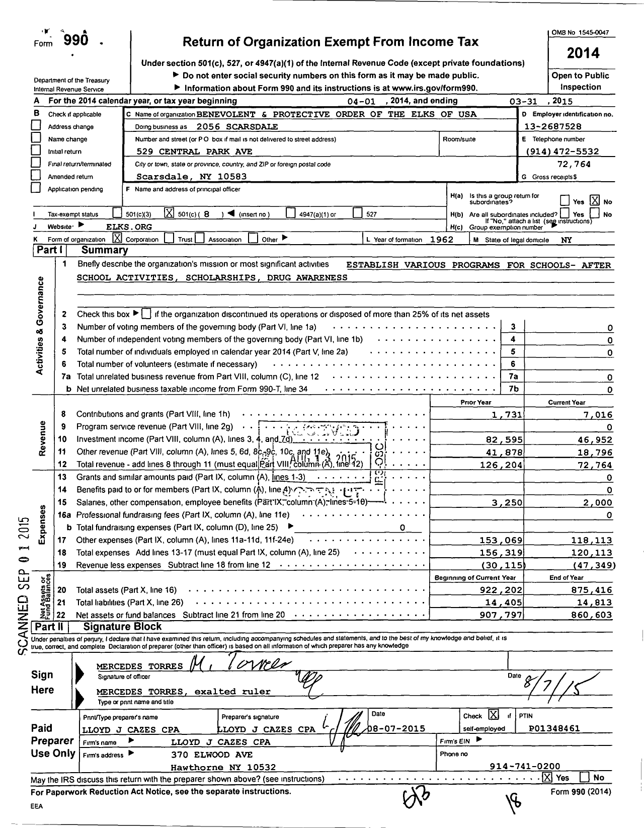 Image of first page of 2014 Form 990O for Benevolent and Protective Order of Elks - 2056 Scarsdale