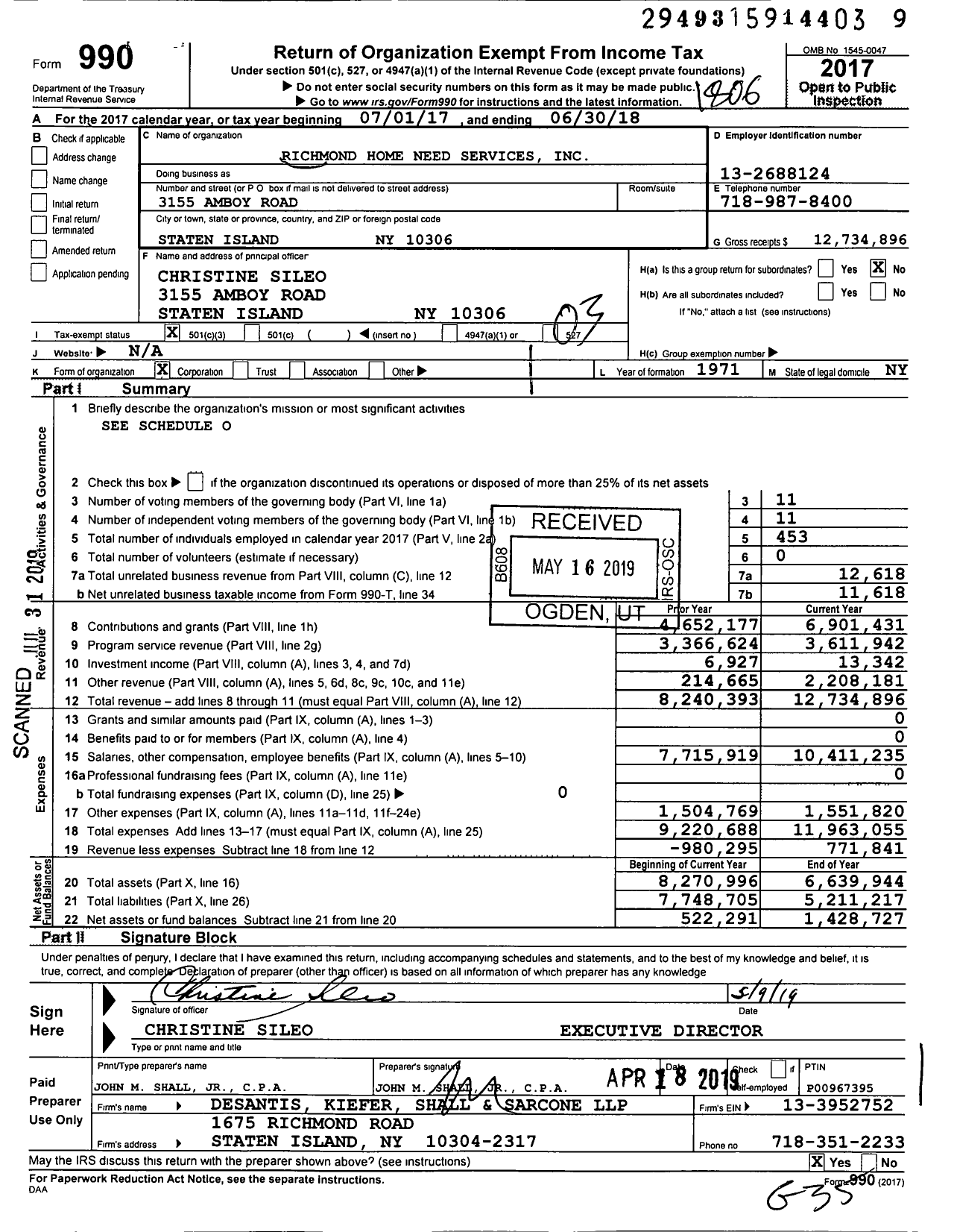 Image of first page of 2017 Form 990 for Richmond Home Need Services
