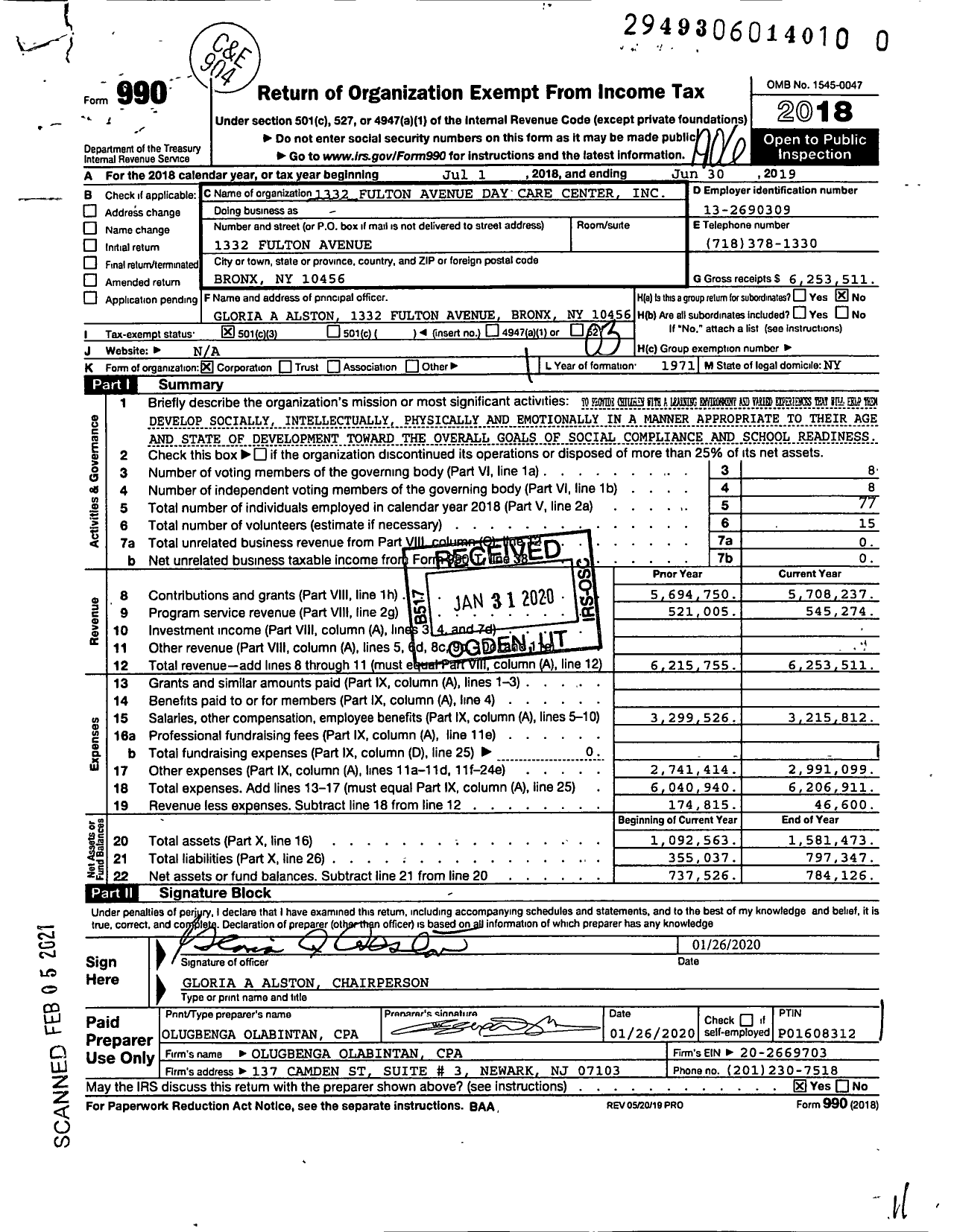 Image of first page of 2018 Form 990 for 1332 Fulton Avenue Day Care Center