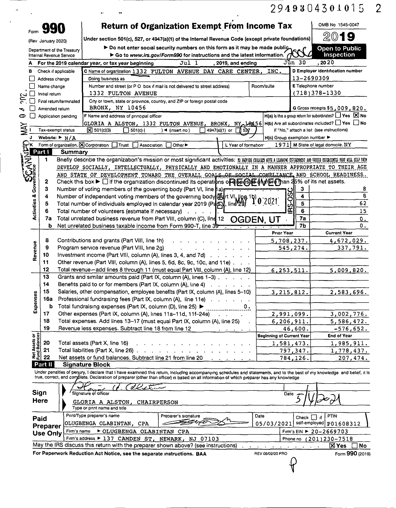 Image of first page of 2019 Form 990 for 1332 Fulton Avenue Day Care Center