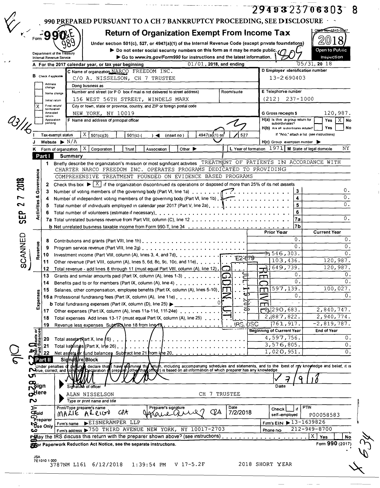 Image of first page of 2017 Form 990 for Narco Freedom