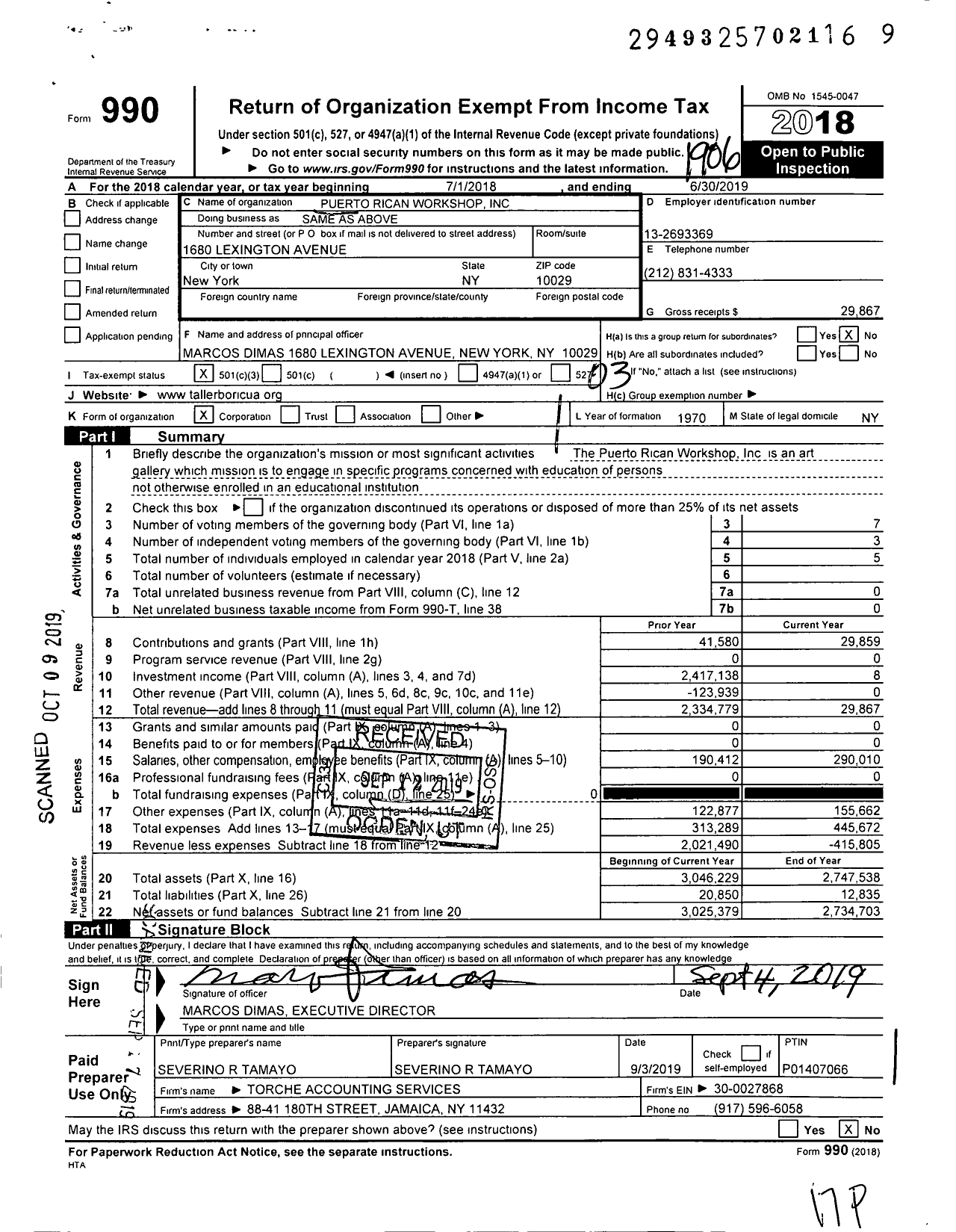 Image of first page of 2018 Form 990 for Puerto Rican Workshop