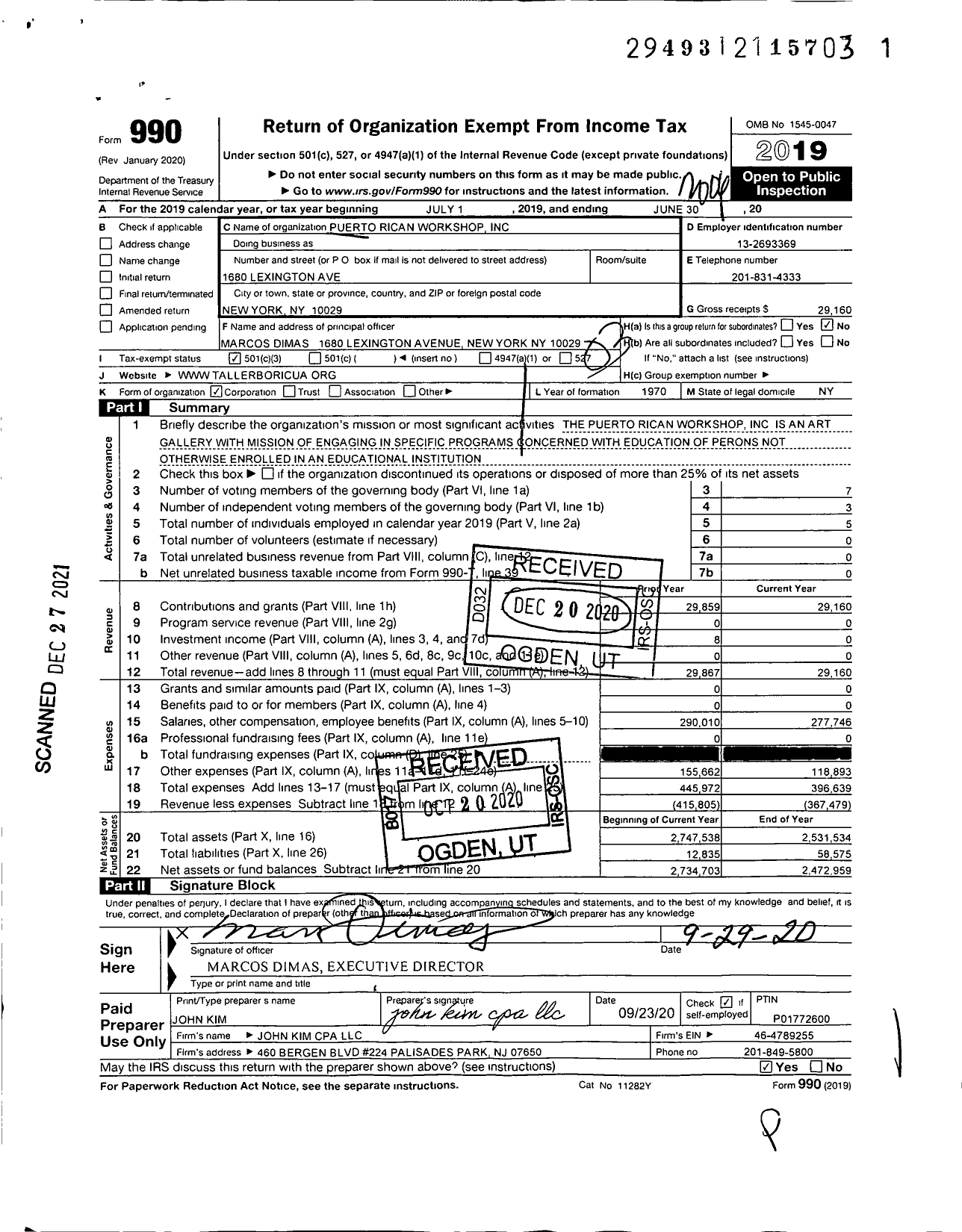 Image of first page of 2019 Form 990 for Puerto Rican Workshop