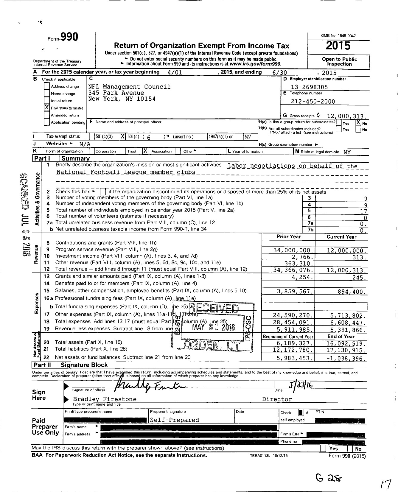 Image of first page of 2014 Form 990O for The National Football League (NFL)