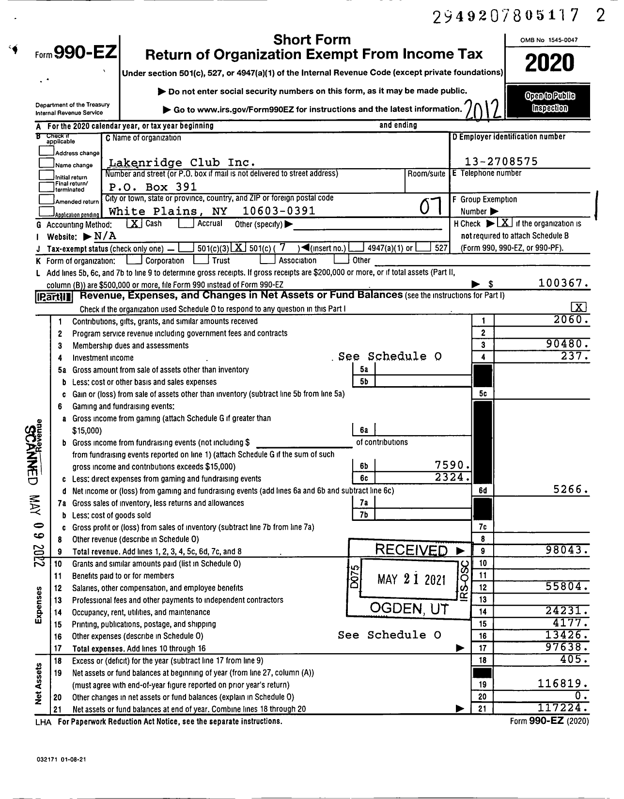 Image of first page of 2020 Form 990EO for Lakenridge Club