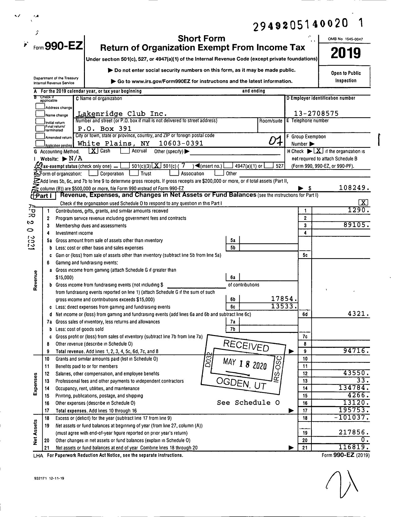 Image of first page of 2019 Form 990EO for Lakenridge Club