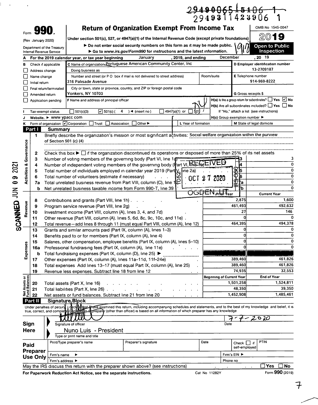 Image of first page of 2019 Form 990O for Portuguese American Community Center