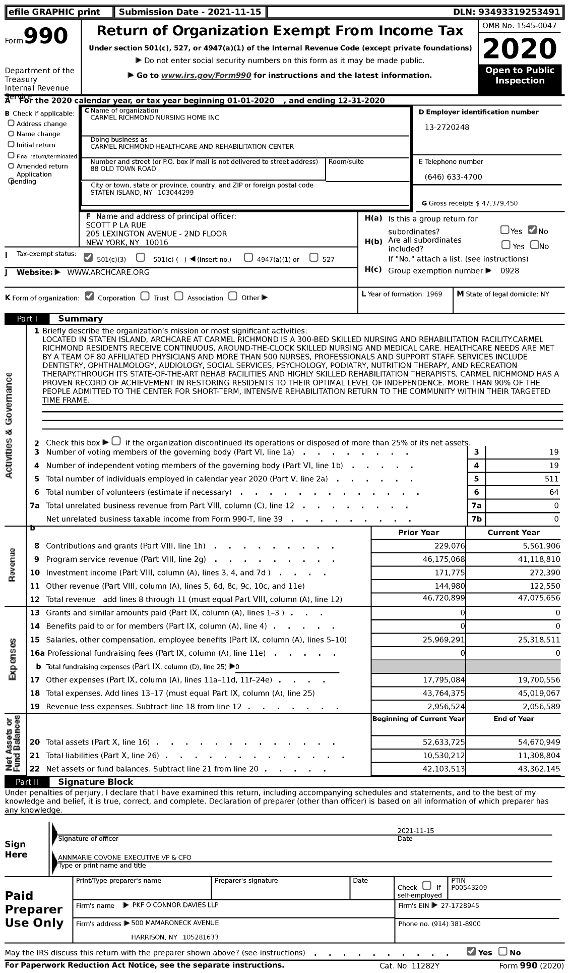 Image of first page of 2020 Form 990 for Carmel Richmond Healthcare and Rehabilitation Center