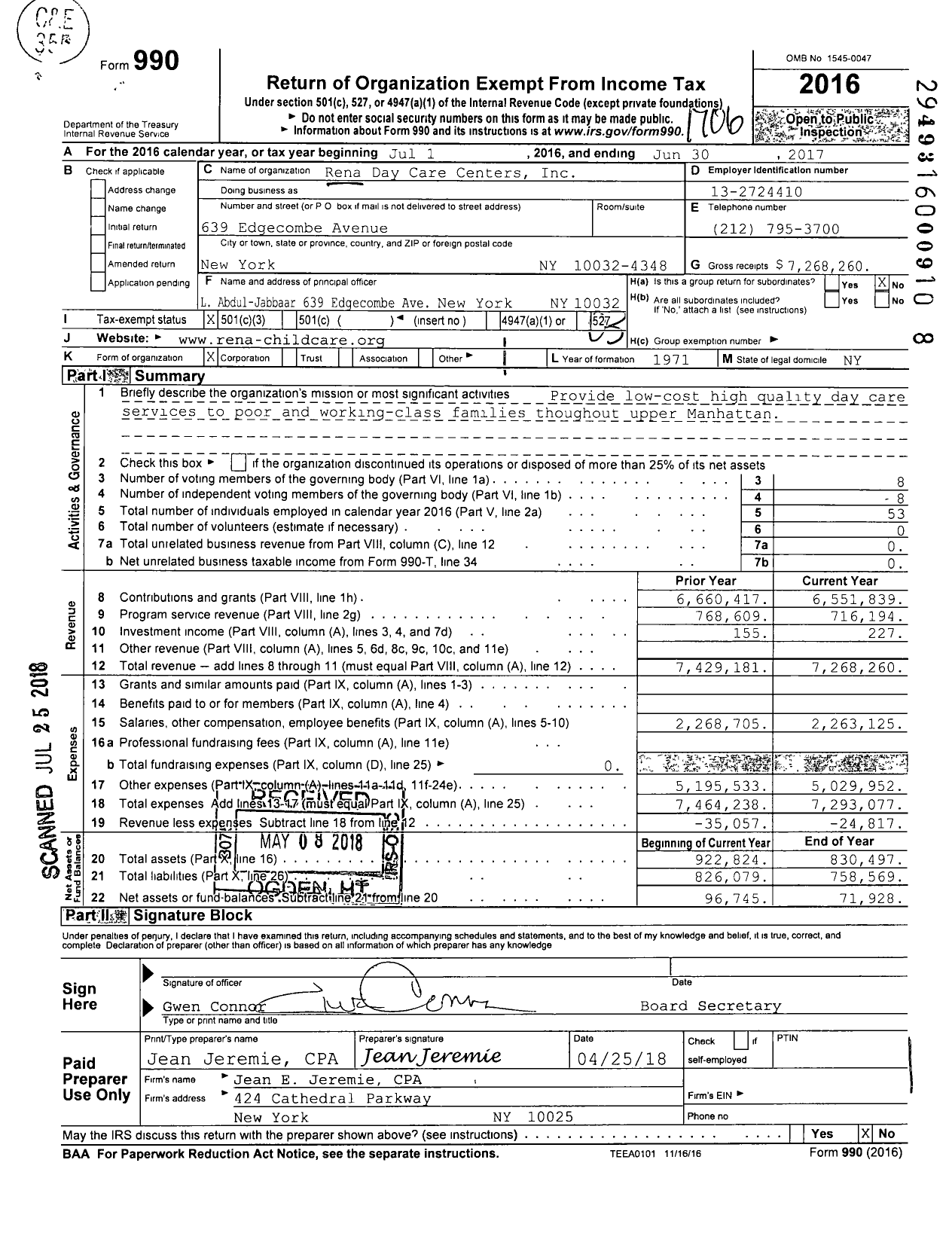 Image of first page of 2016 Form 990 for Rena Day Care Centers