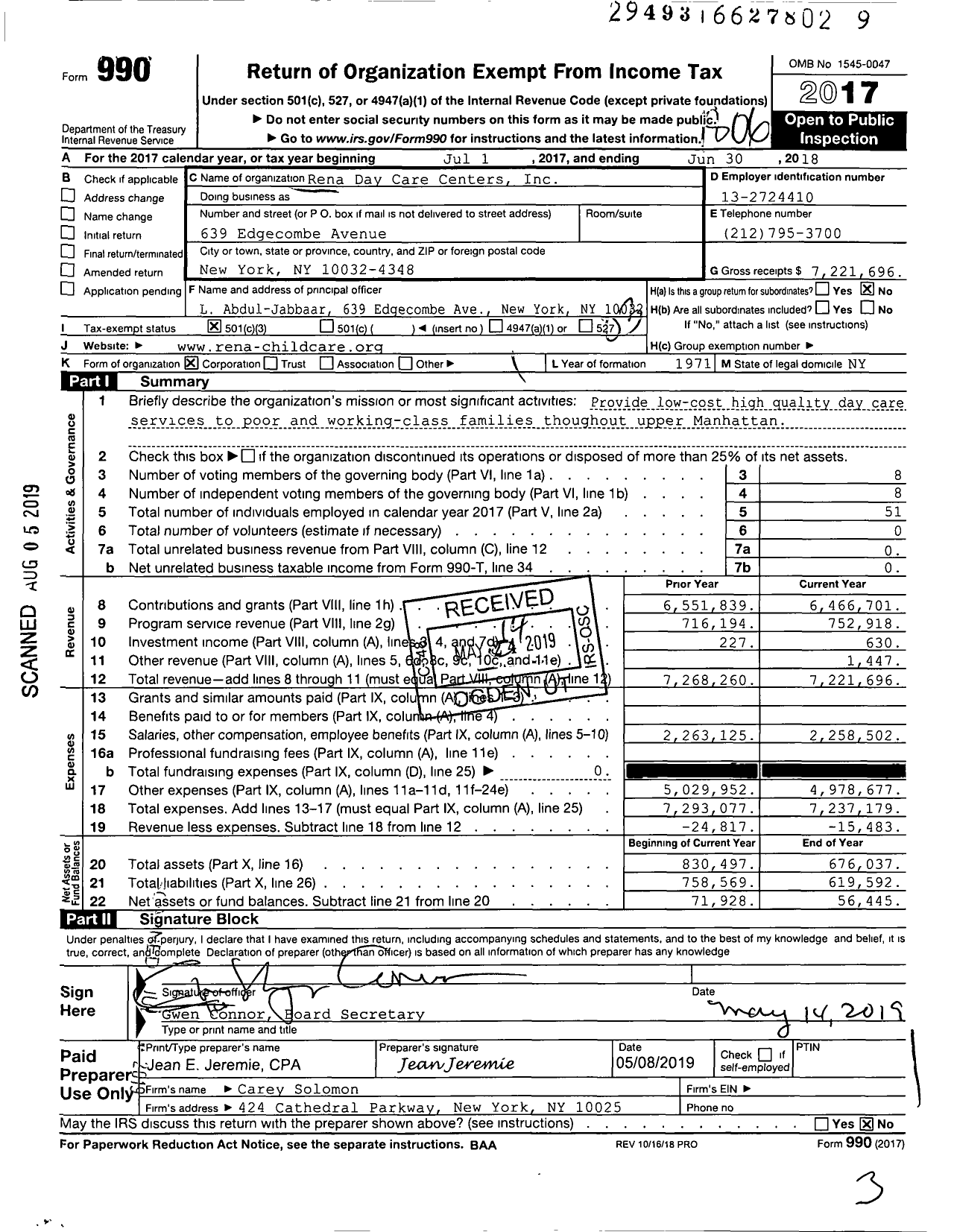 Image of first page of 2017 Form 990 for Rena Day Care Centers
