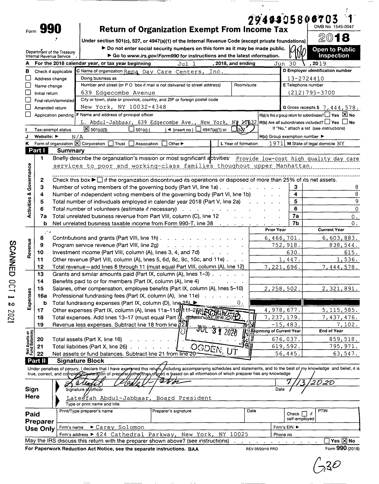 Image of first page of 2018 Form 990 for Rena Day Care Centers