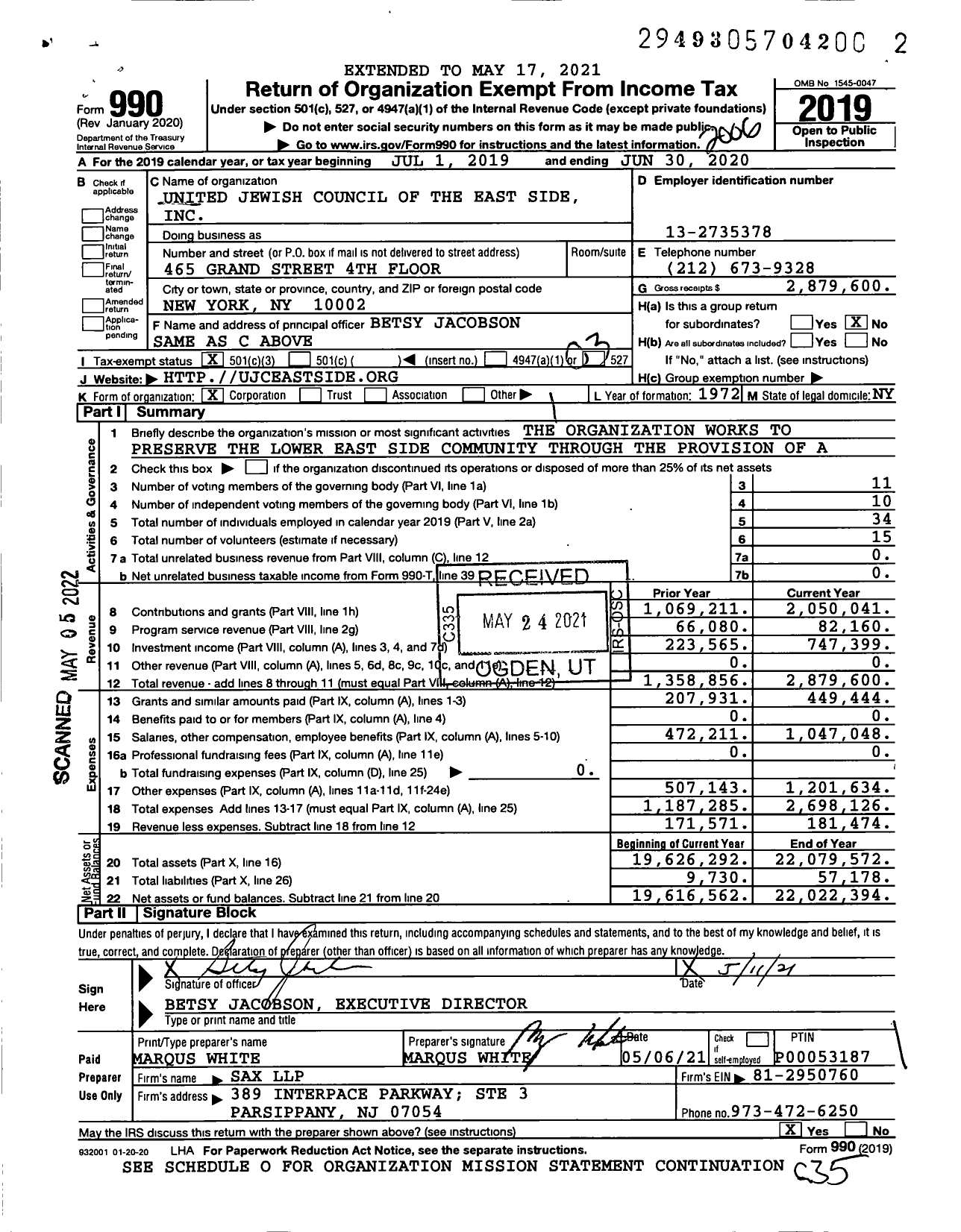 Image of first page of 2019 Form 990 for United Jewish Council of the East Side
