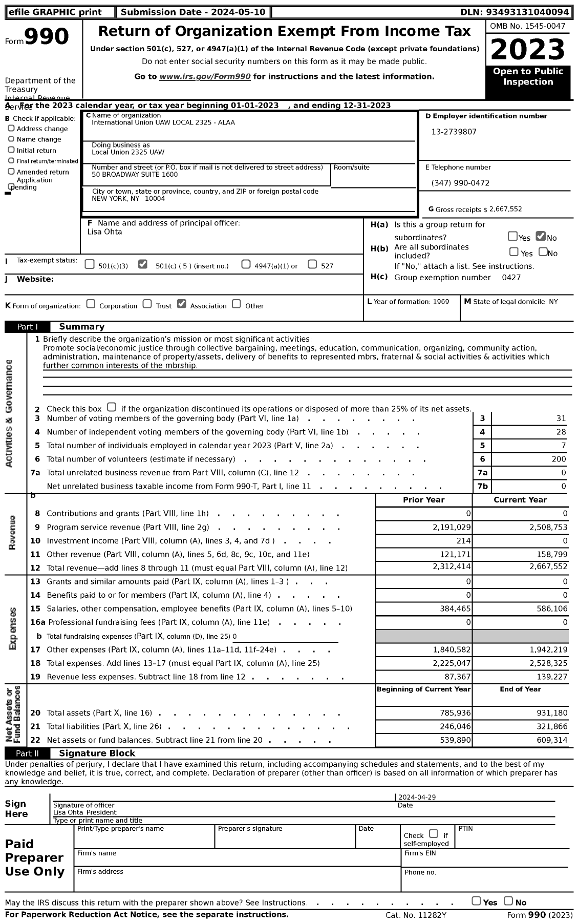 Image of first page of 2023 Form 990 for UAW - Local Union 2325 UAW