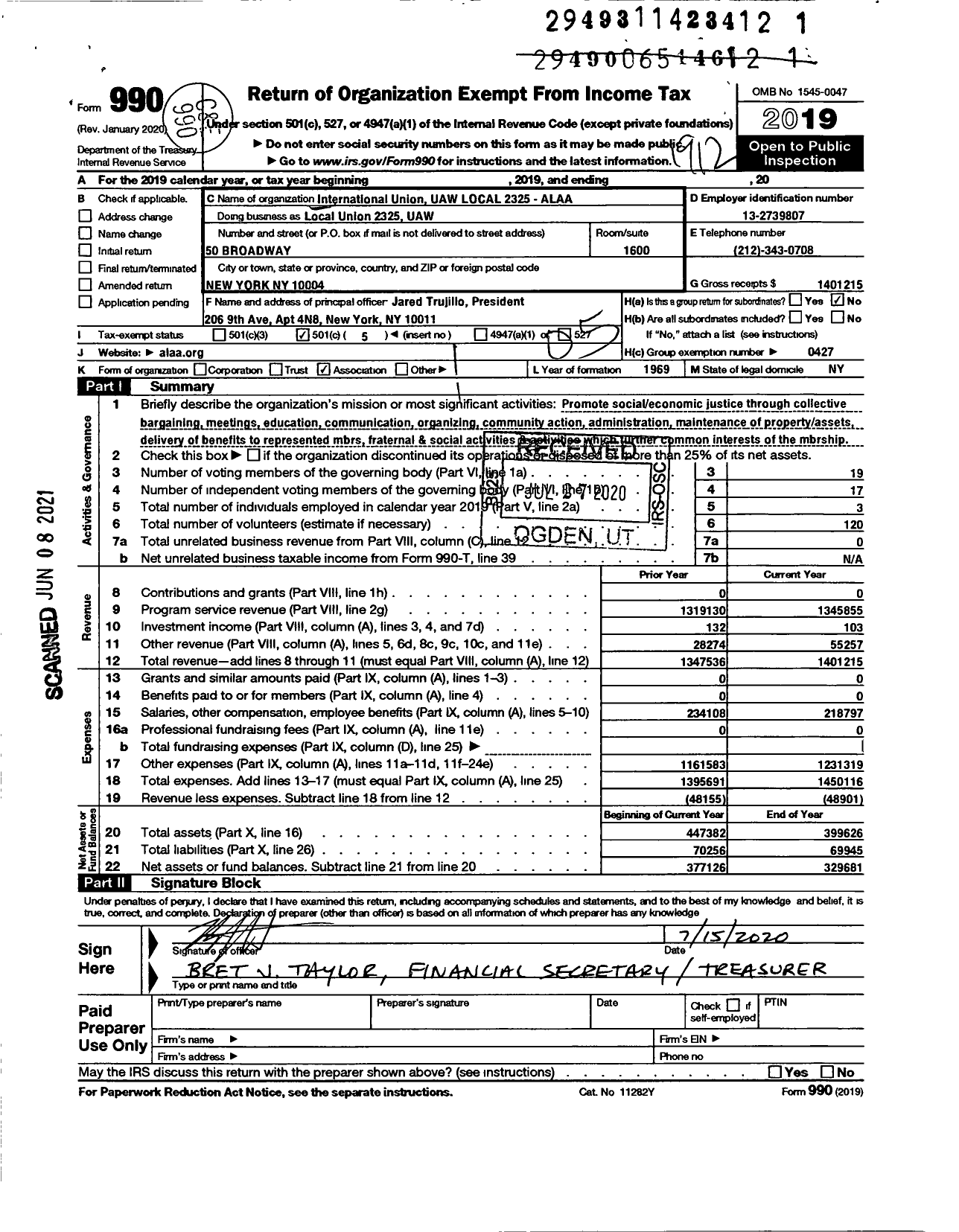 Image of first page of 2019 Form 990O for UAW - Local Union 2325 UAW